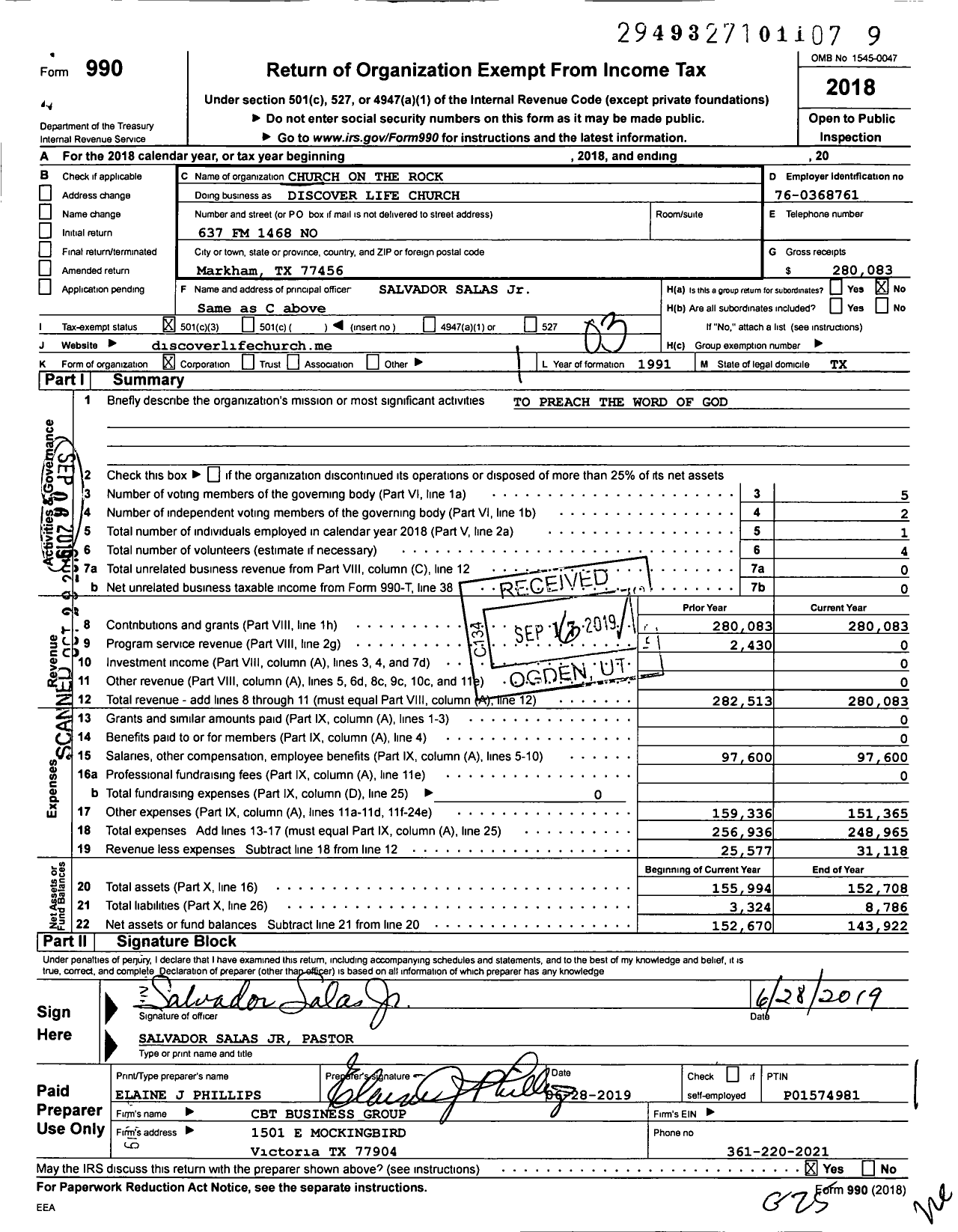 Image of first page of 2018 Form 990 for Discover Life Church / Church on the Rock