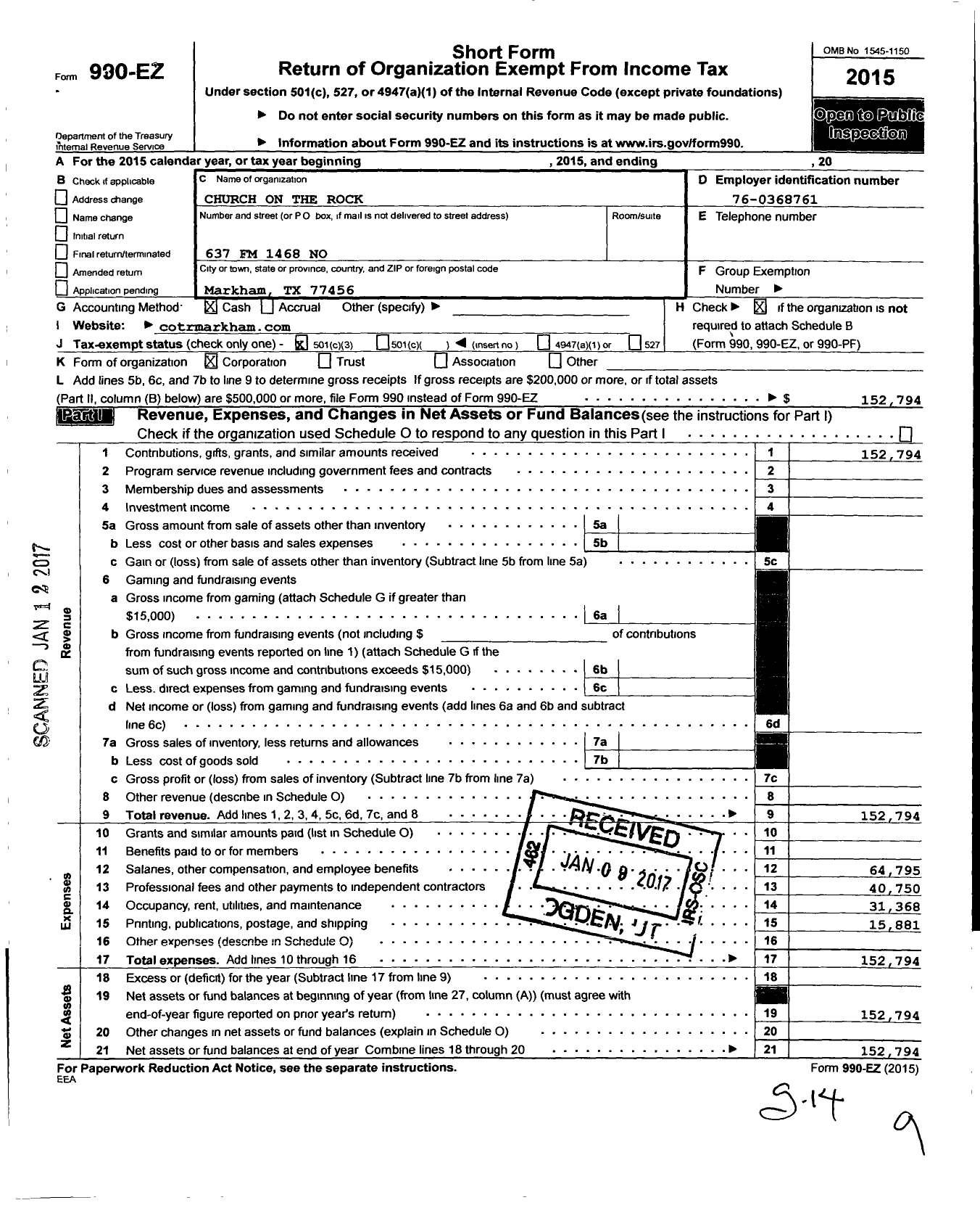 Image of first page of 2015 Form 990EZ for Discover Life Church / Church on the Rock