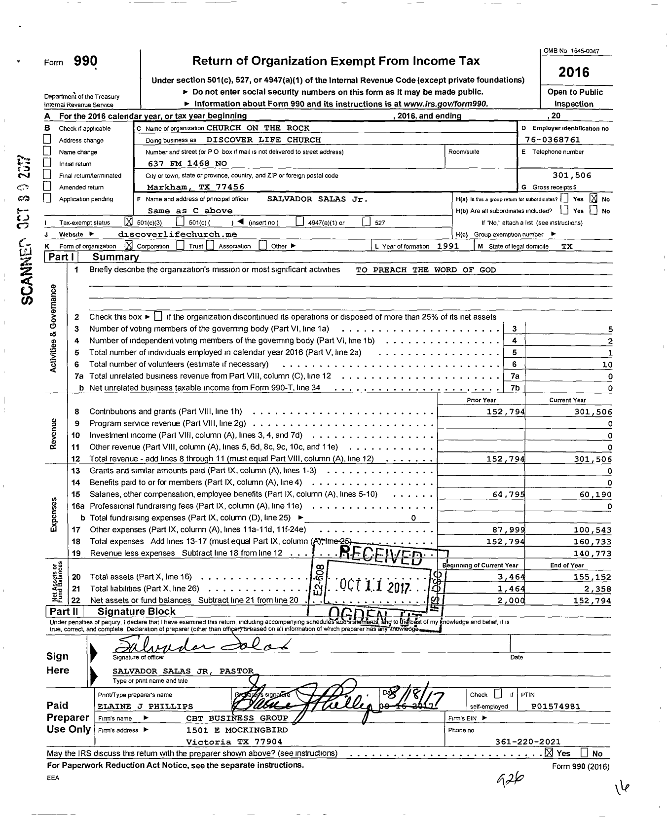 Image of first page of 2016 Form 990 for Discover Life Church / Church on the Rock