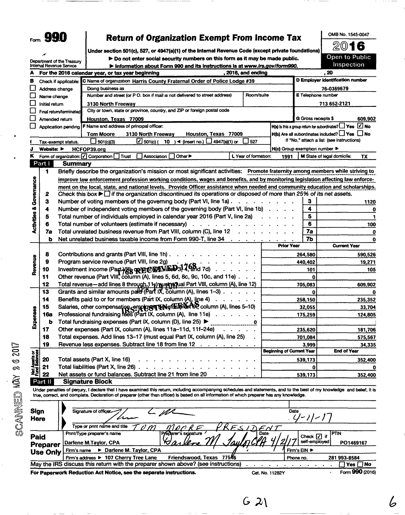 Image of first page of 2016 Form 990O for Harris County Fraternal Order of Police Lodge 39