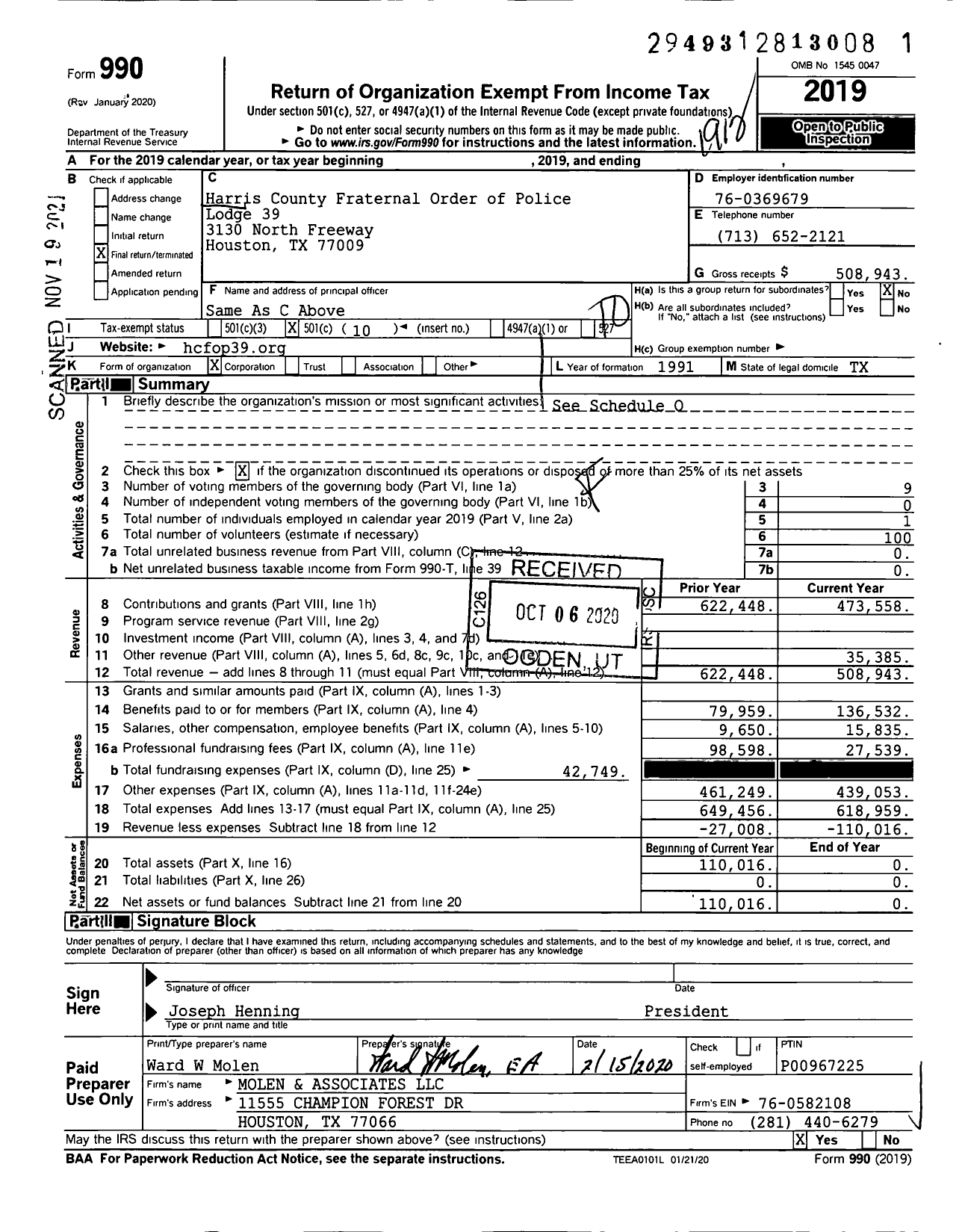 Image of first page of 2019 Form 990O for Harris County Fraternal Order of Police Lodge 39