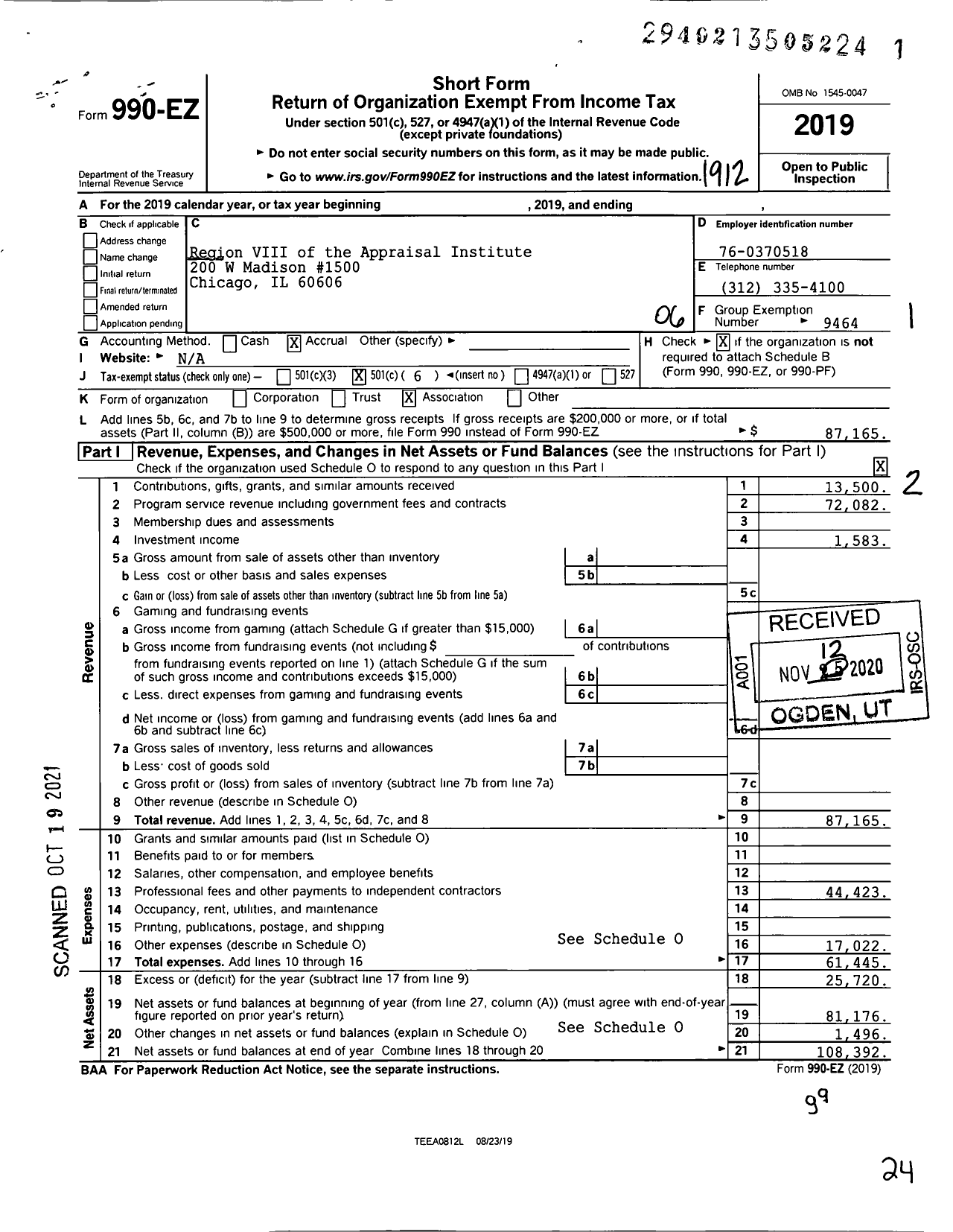 Image of first page of 2019 Form 990EO for Region Viii of the Appraisal Institute