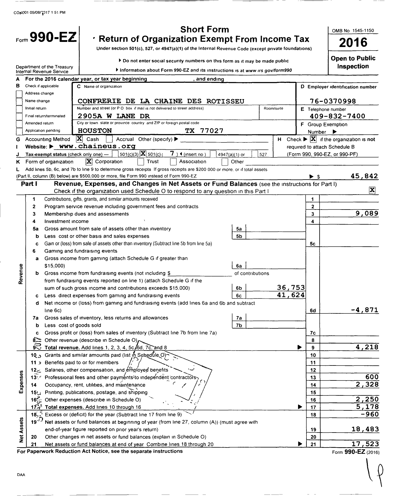 Image of first page of 2016 Form 990EO for Confrerie De-La-Chaine Des Rotisseurs / Houston Bailliage