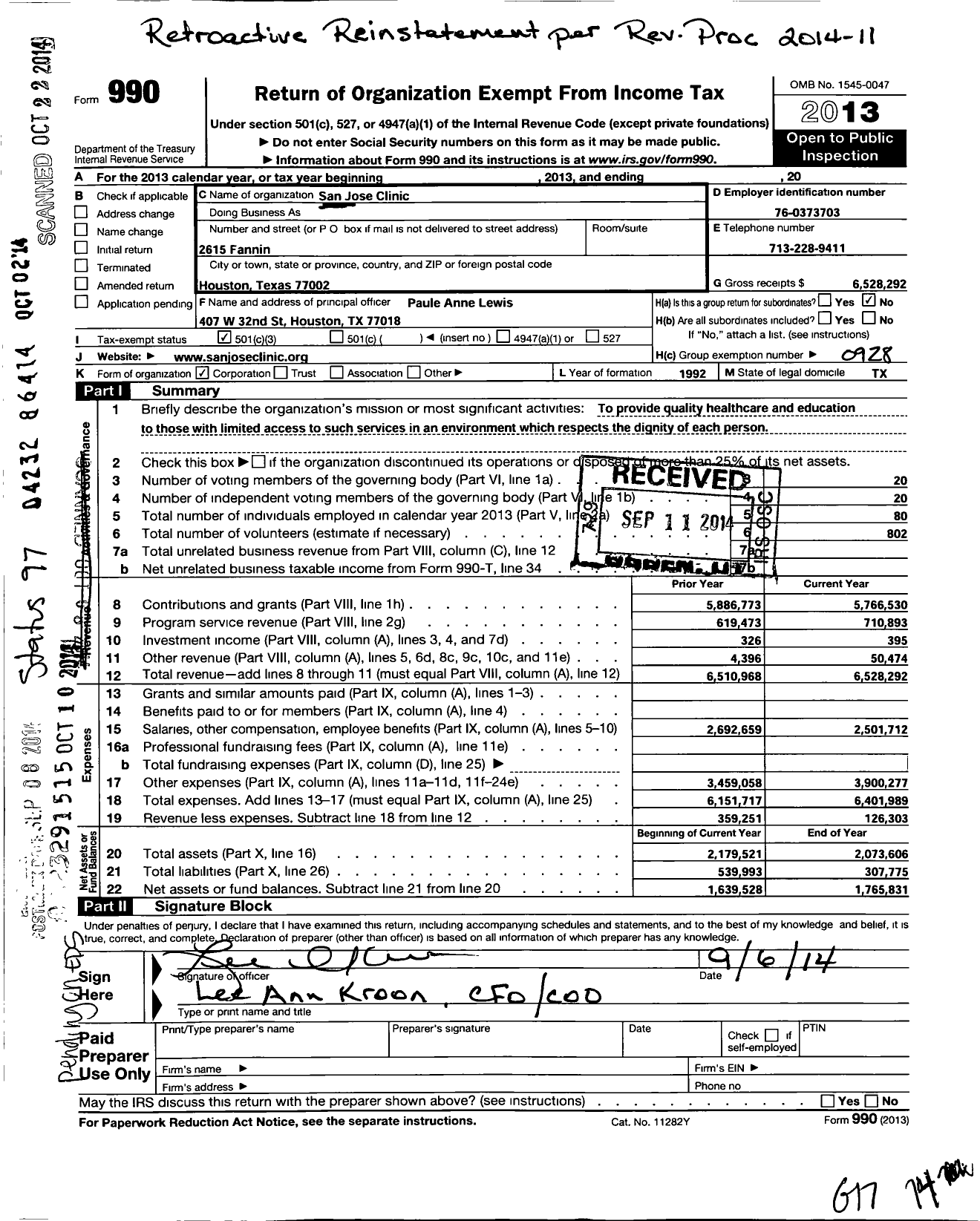 Image of first page of 2013 Form 990 for San Jose Clinic