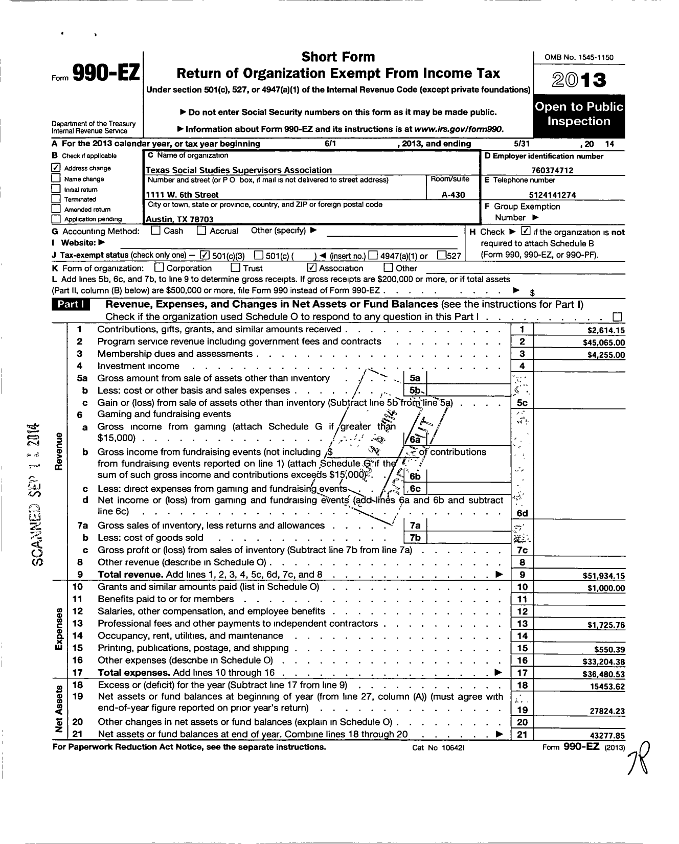 Image of first page of 2013 Form 990EZ for Texas Social Studies Supervisors Association