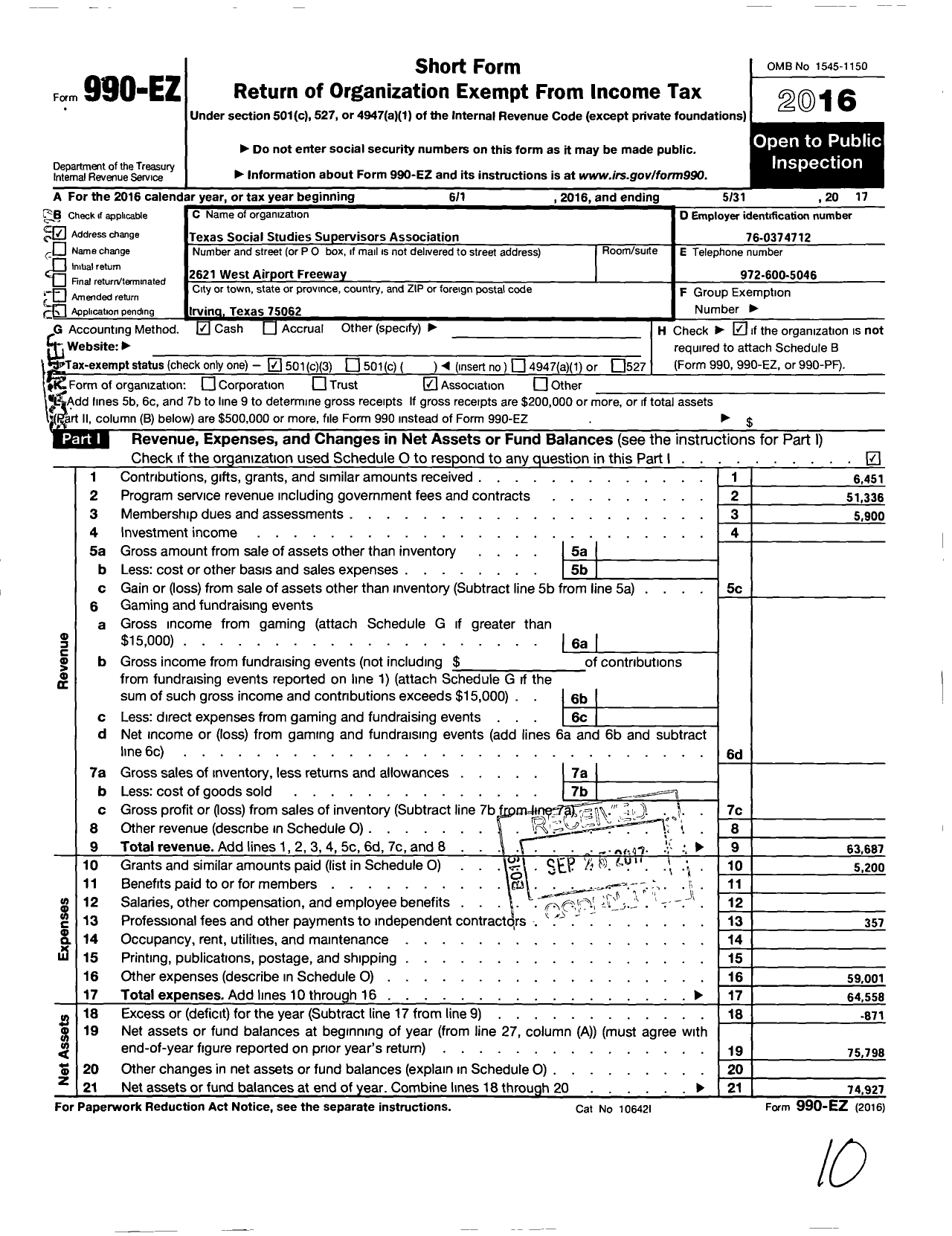 Image of first page of 2016 Form 990EZ for Texas Social Studies Supervisors Association