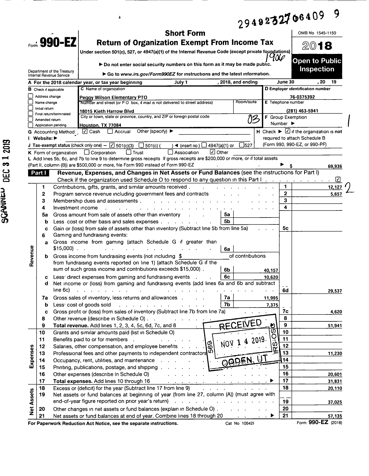 Image of first page of 2018 Form 990EZ for Peggy Wilson Elementary Parent Teacher Organization