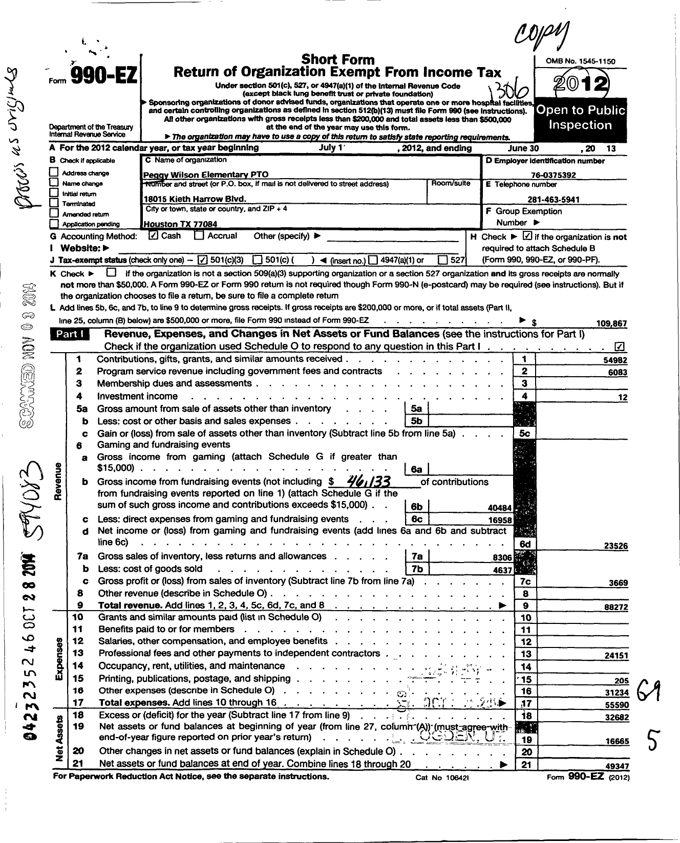 Image of first page of 2012 Form 990EZ for Peggy Wilson Elementary Parent Teacher Organization