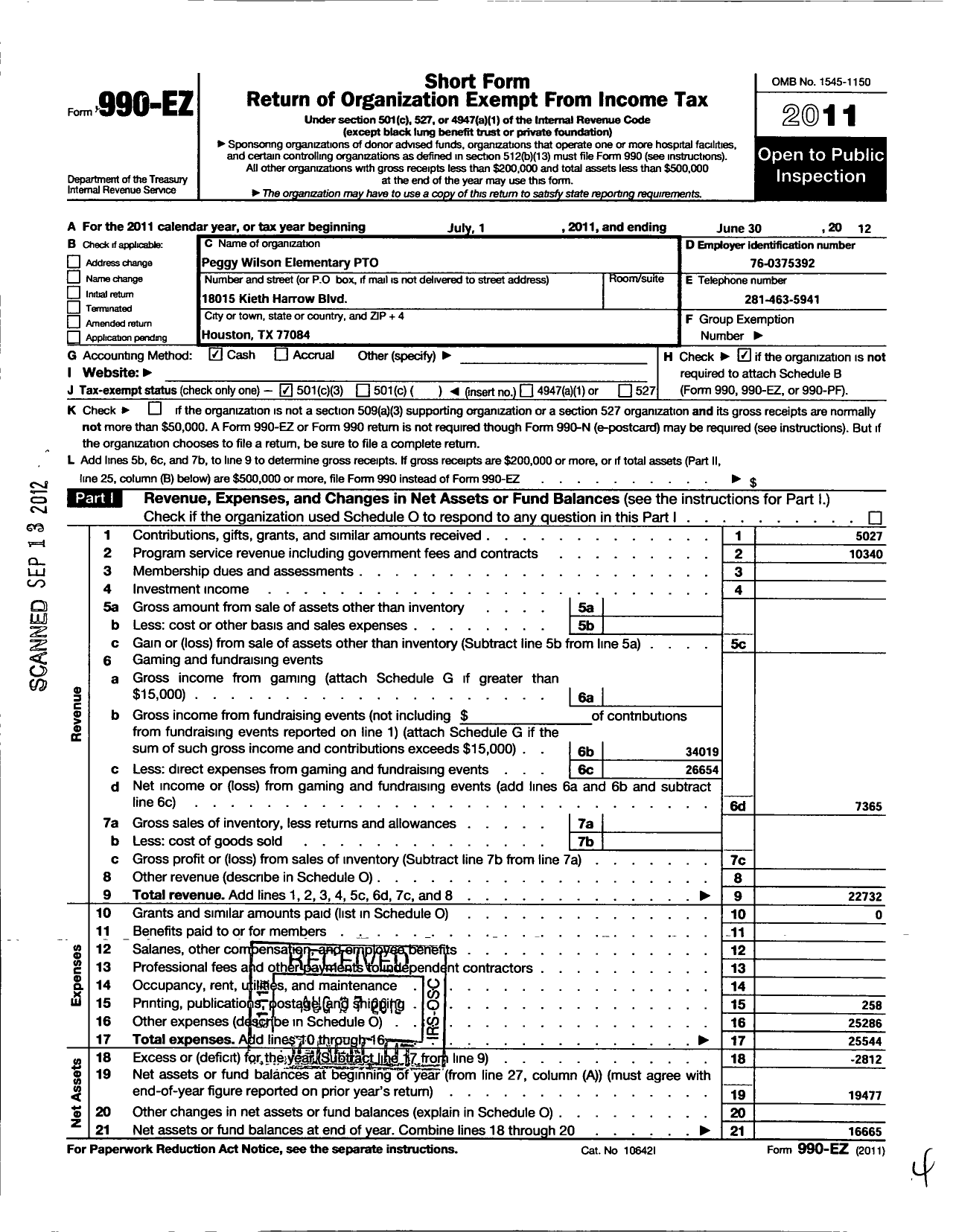 Image of first page of 2011 Form 990EZ for Peggy Wilson Elementary Parent Teacher Organization