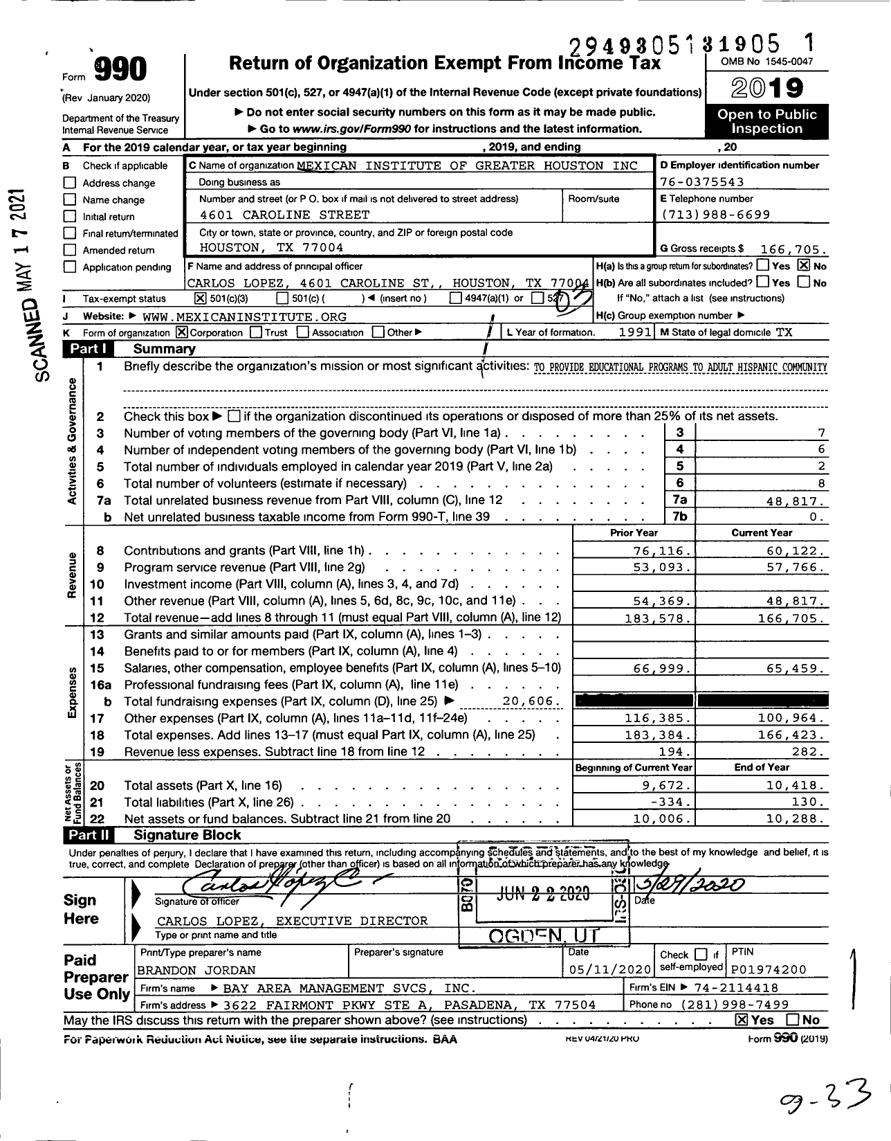 Image of first page of 2019 Form 990 for Mexican Institute of Greater Houston (MIGH)