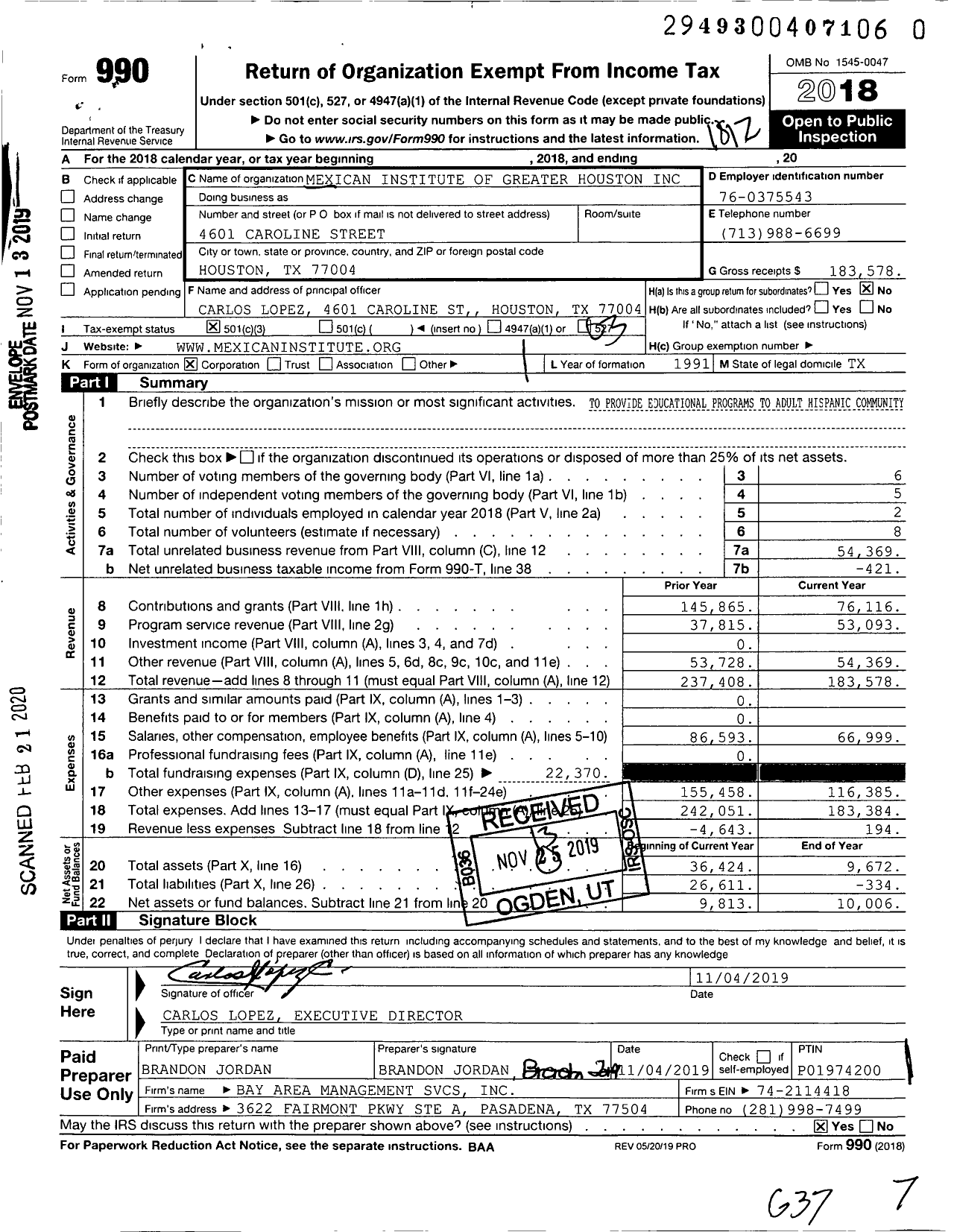 Image of first page of 2018 Form 990 for Mexican Institute of Greater Houston (MIGH)