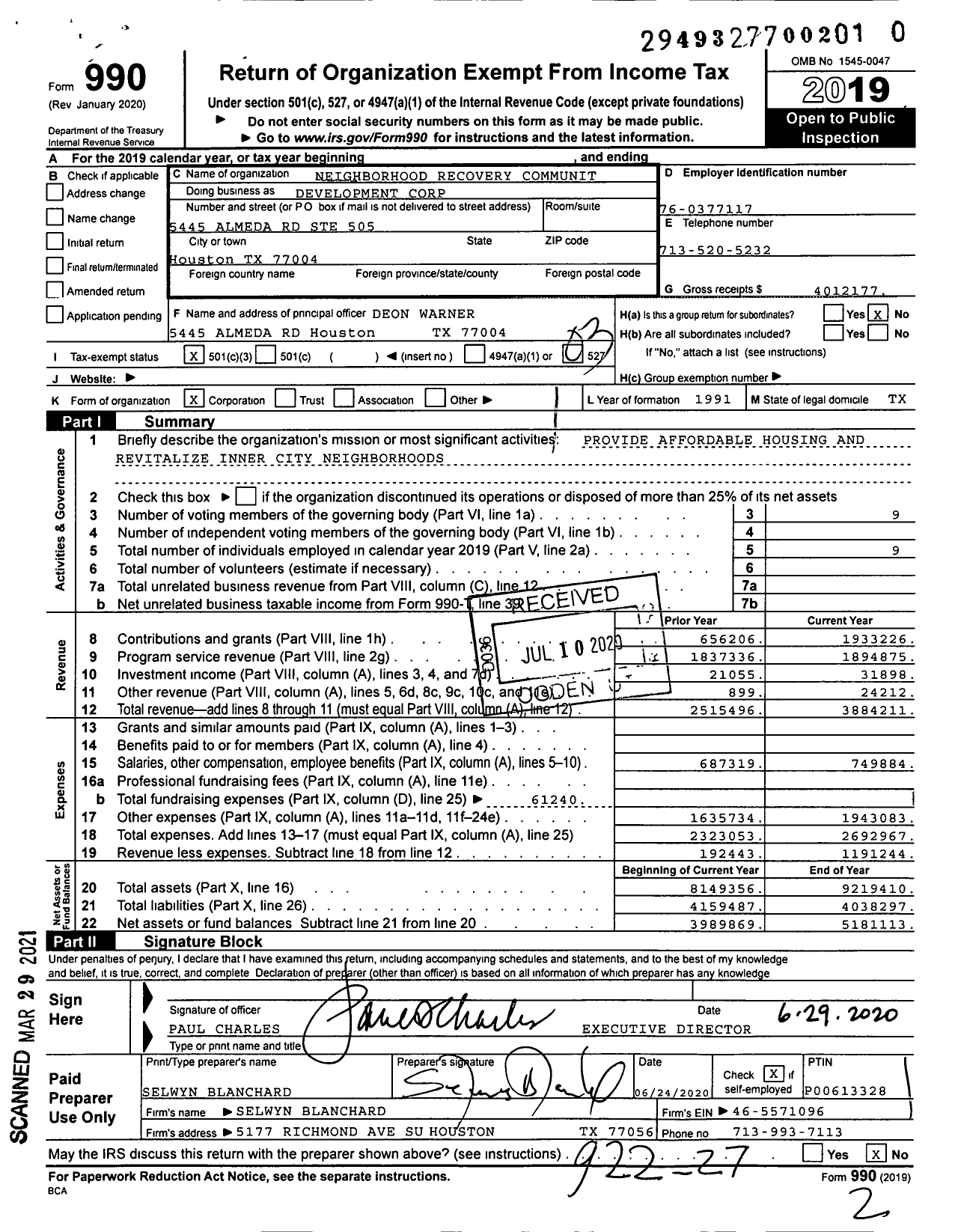 Image of first page of 2019 Form 990 for Neighborhood Recovery Communit Development Corporation