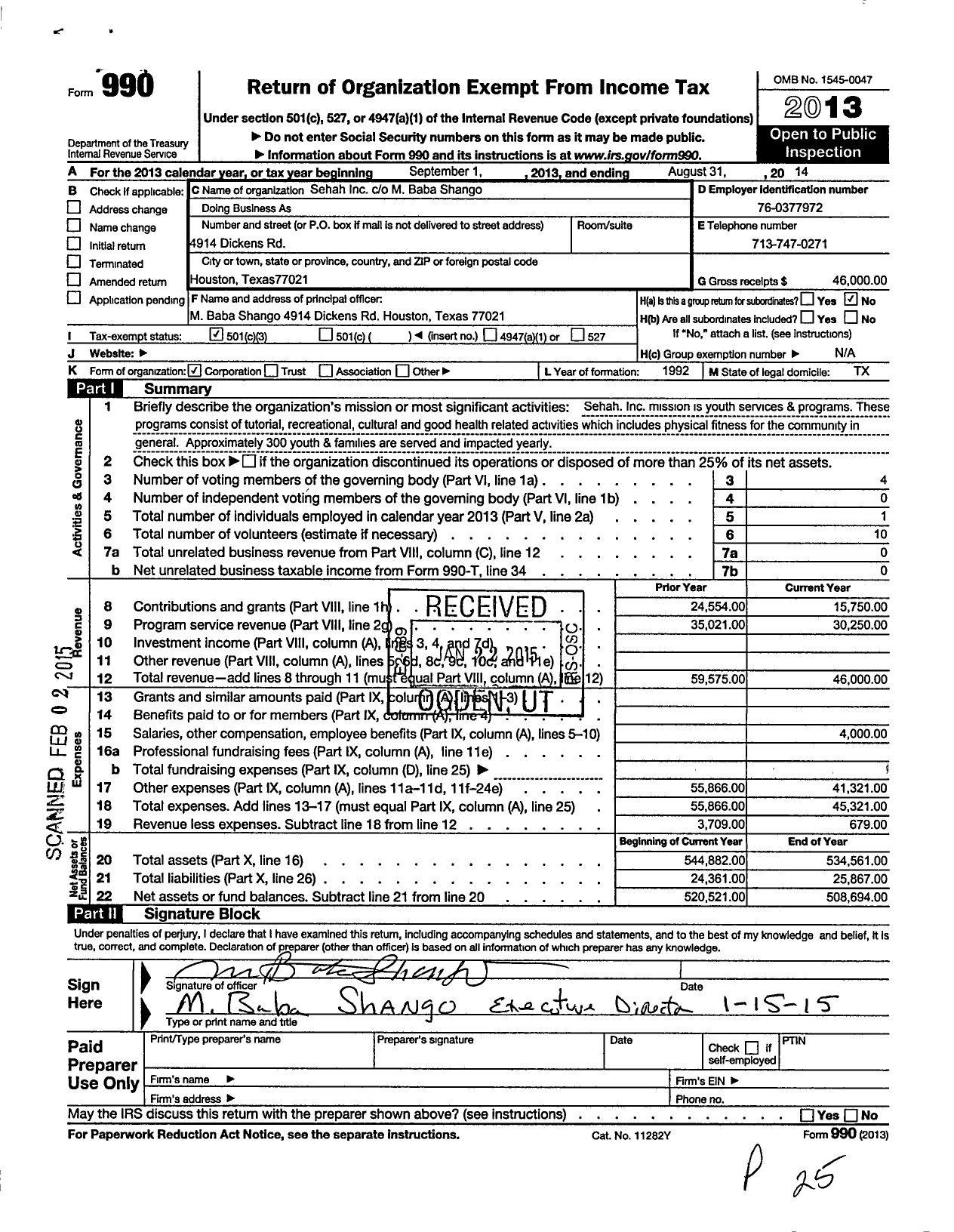 Image of first page of 2013 Form 990 for Sehah