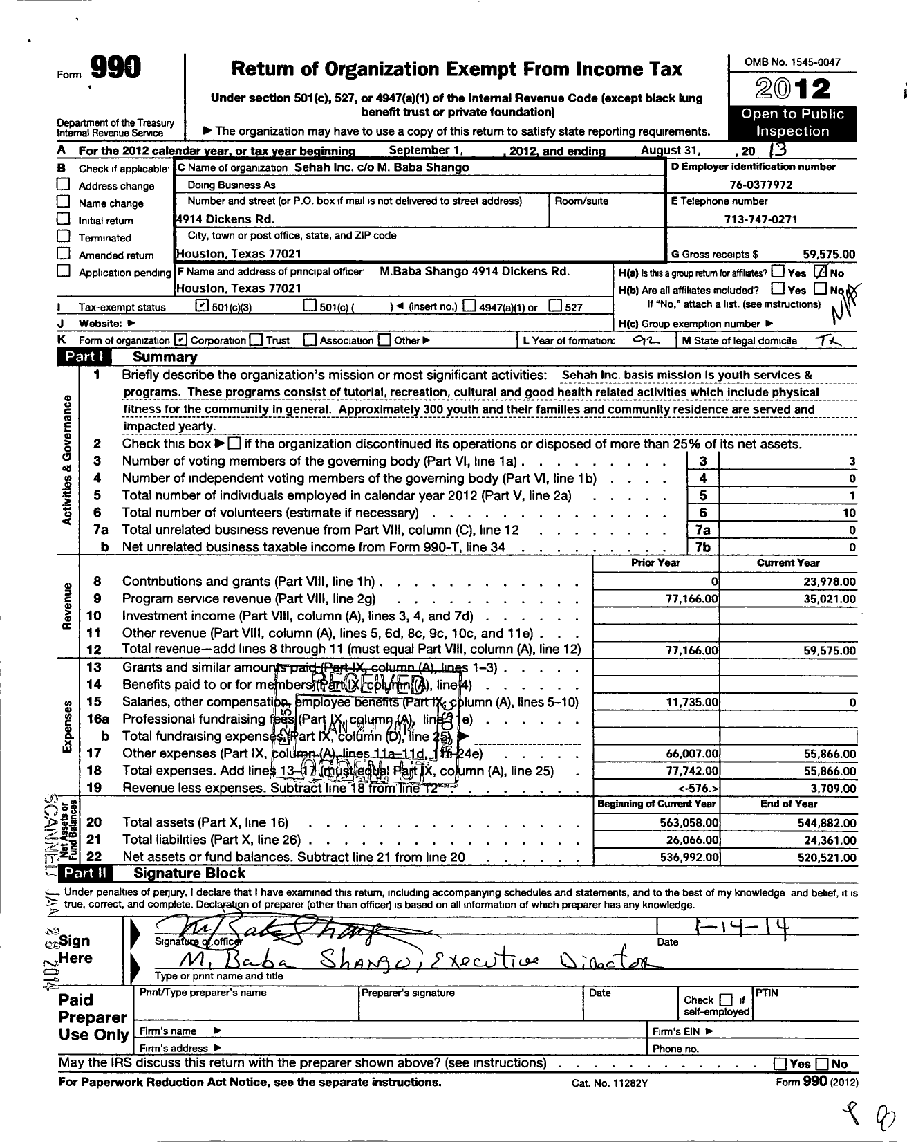 Image of first page of 2012 Form 990 for Sehah