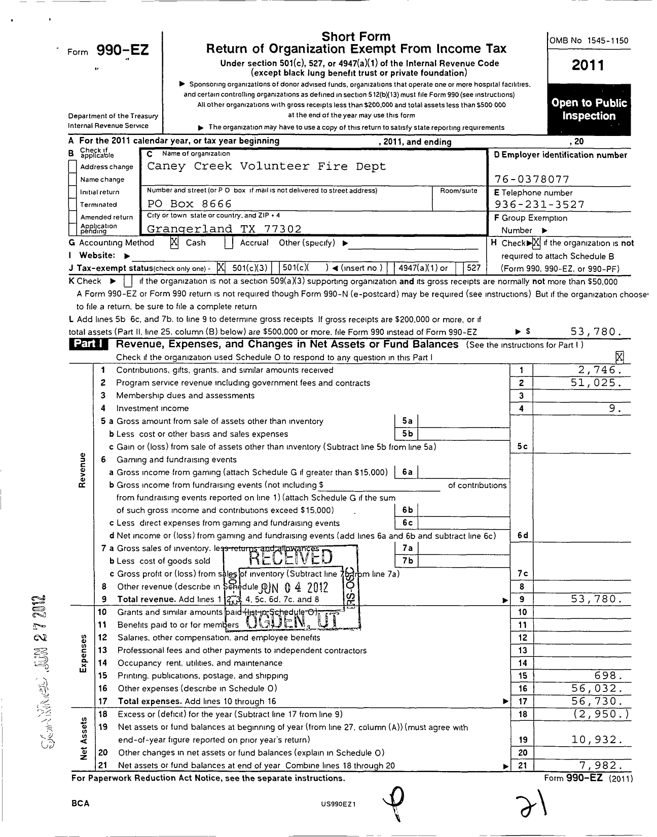 Image of first page of 2011 Form 990EZ for Caney Creek Volunteer Fire Department