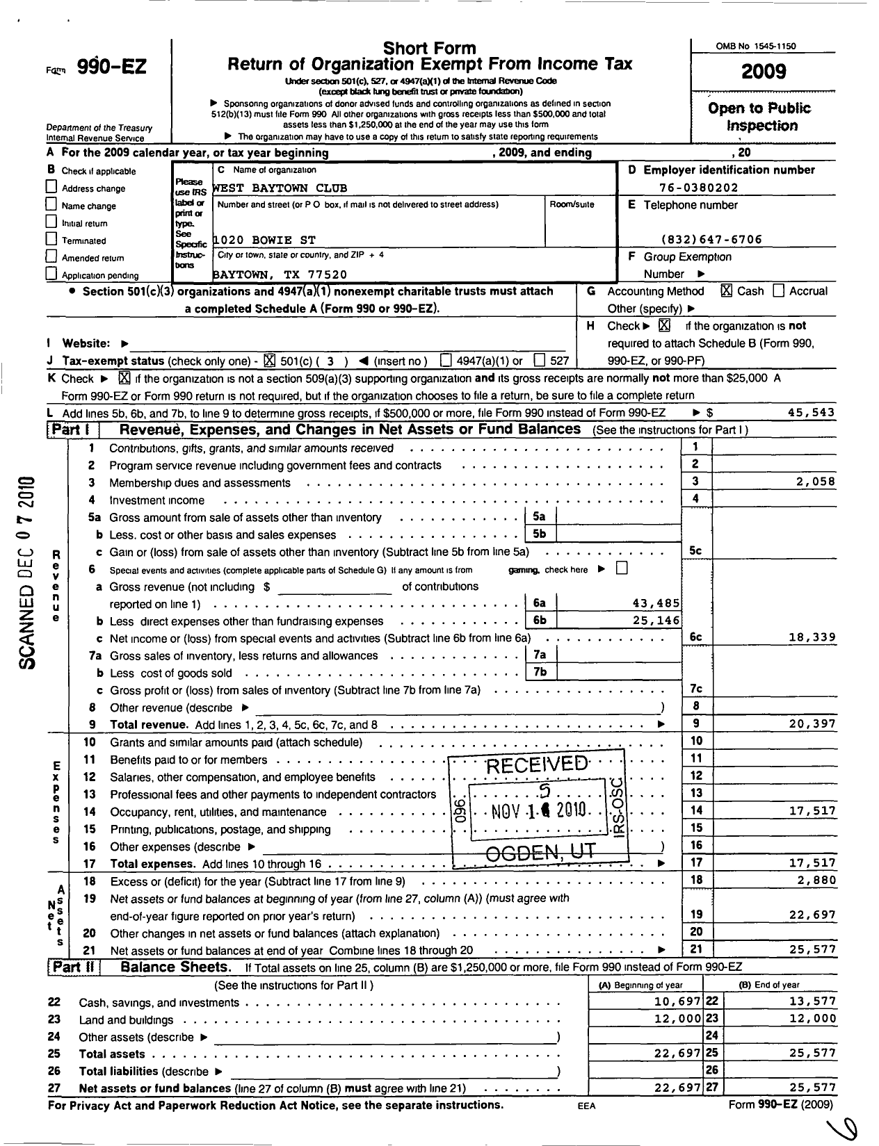 Image of first page of 2009 Form 990EZ for West Baytown Club