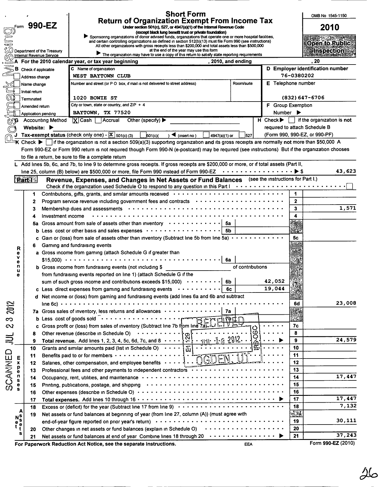 Image of first page of 2010 Form 990EZ for West Baytown Club