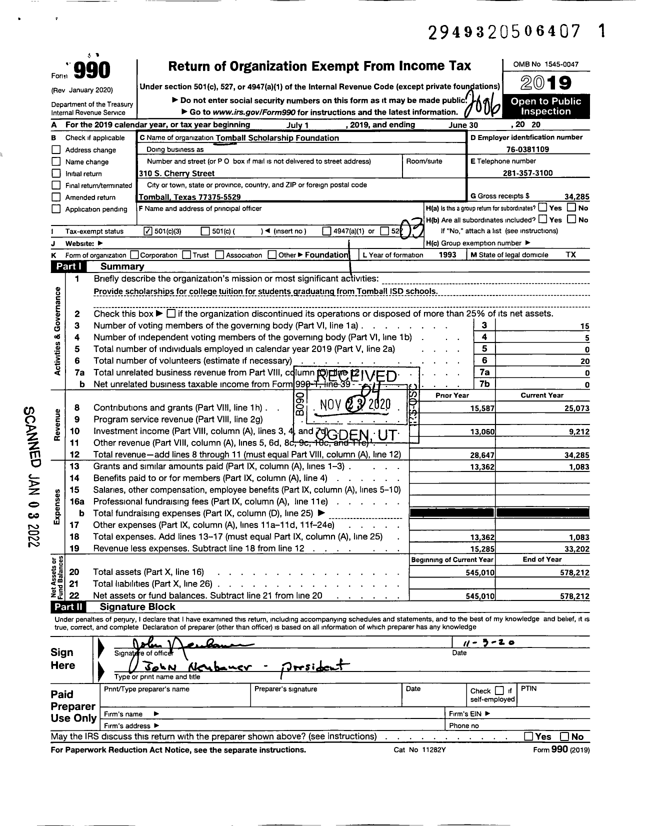 Image of first page of 2019 Form 990 for Tomball Scholarship Foundation (TSF)