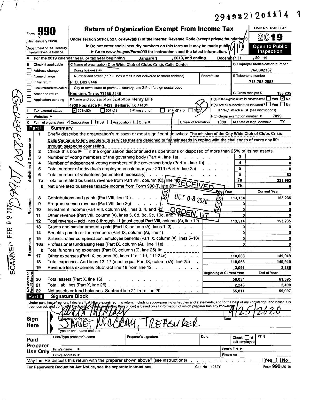 Image of first page of 2019 Form 990 for City Wide Club of Clubs Crisis Calls Center