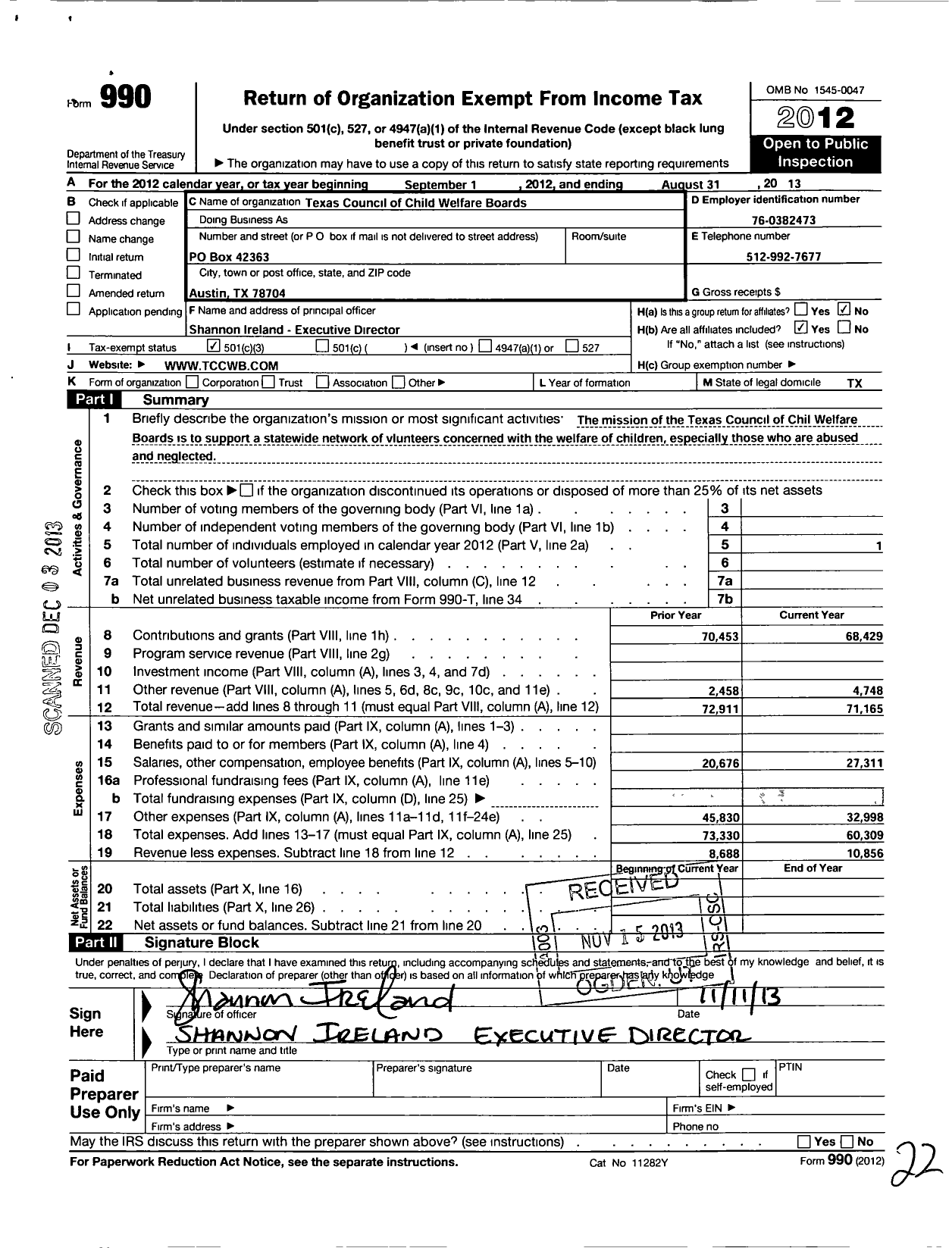 Image of first page of 2012 Form 990 for Texas Council of Child Welfare Boards