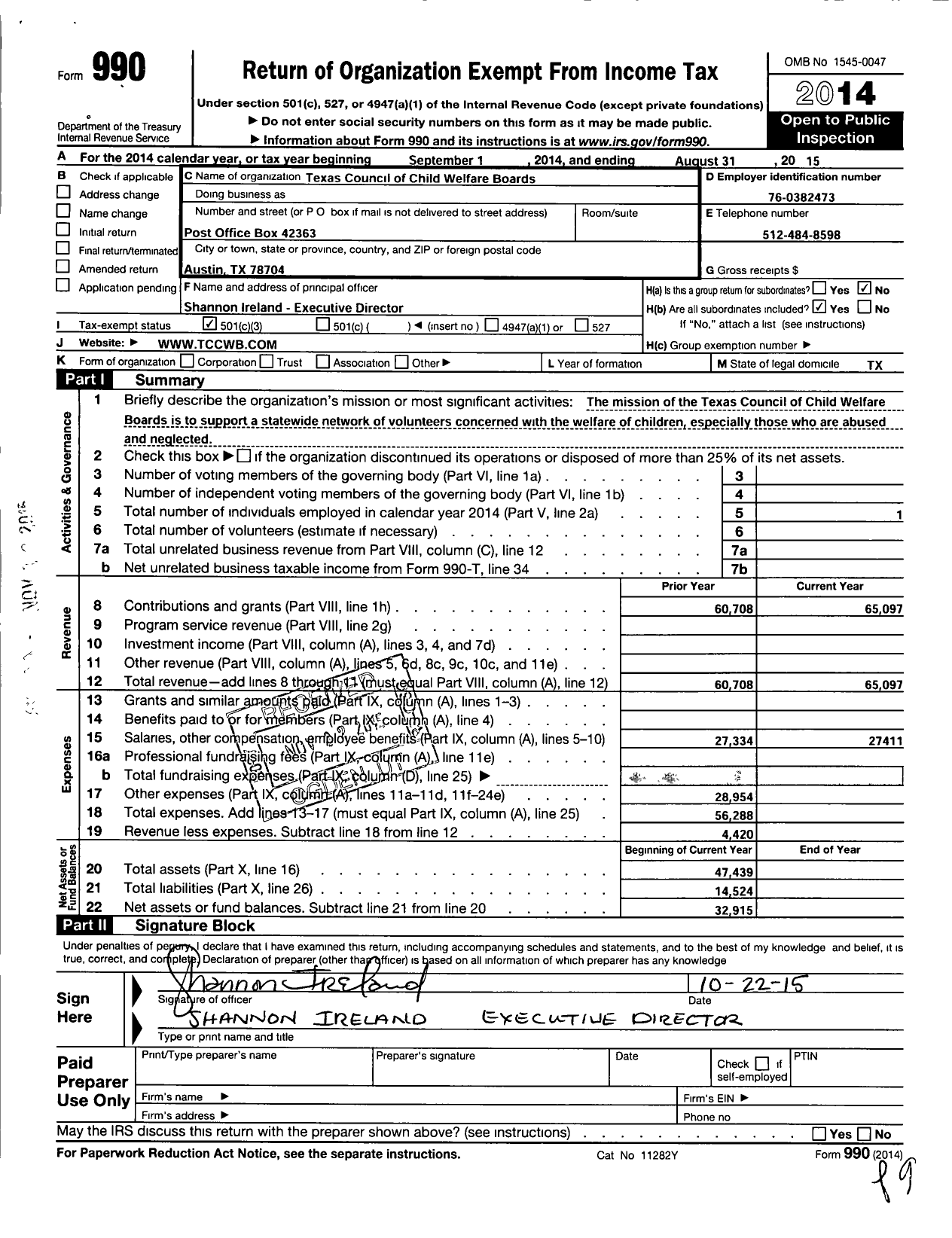 Image of first page of 2014 Form 990 for Texas Council of Child Welfare Boards