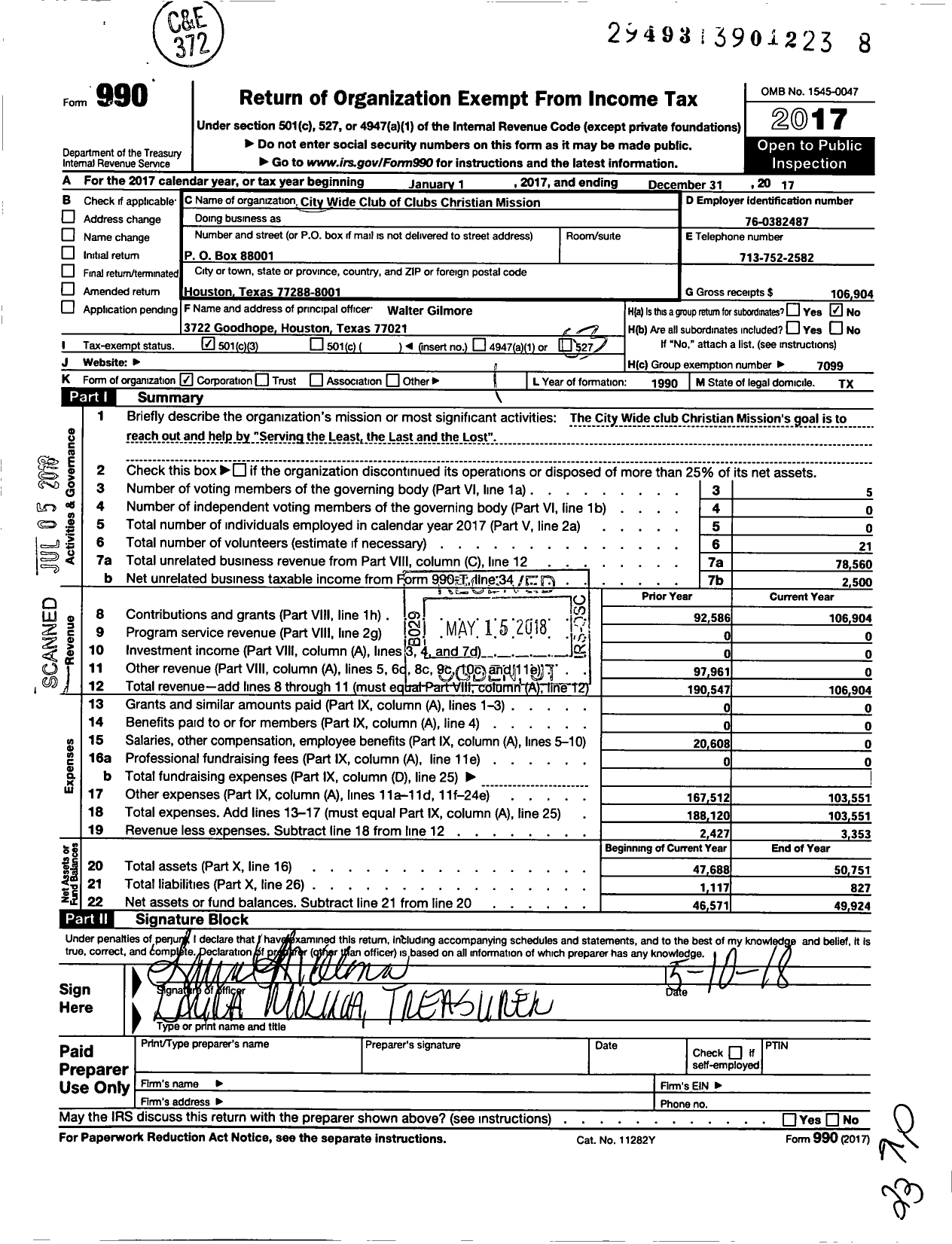 Image of first page of 2017 Form 990 for City Wide Club of Clubs Christian Mission