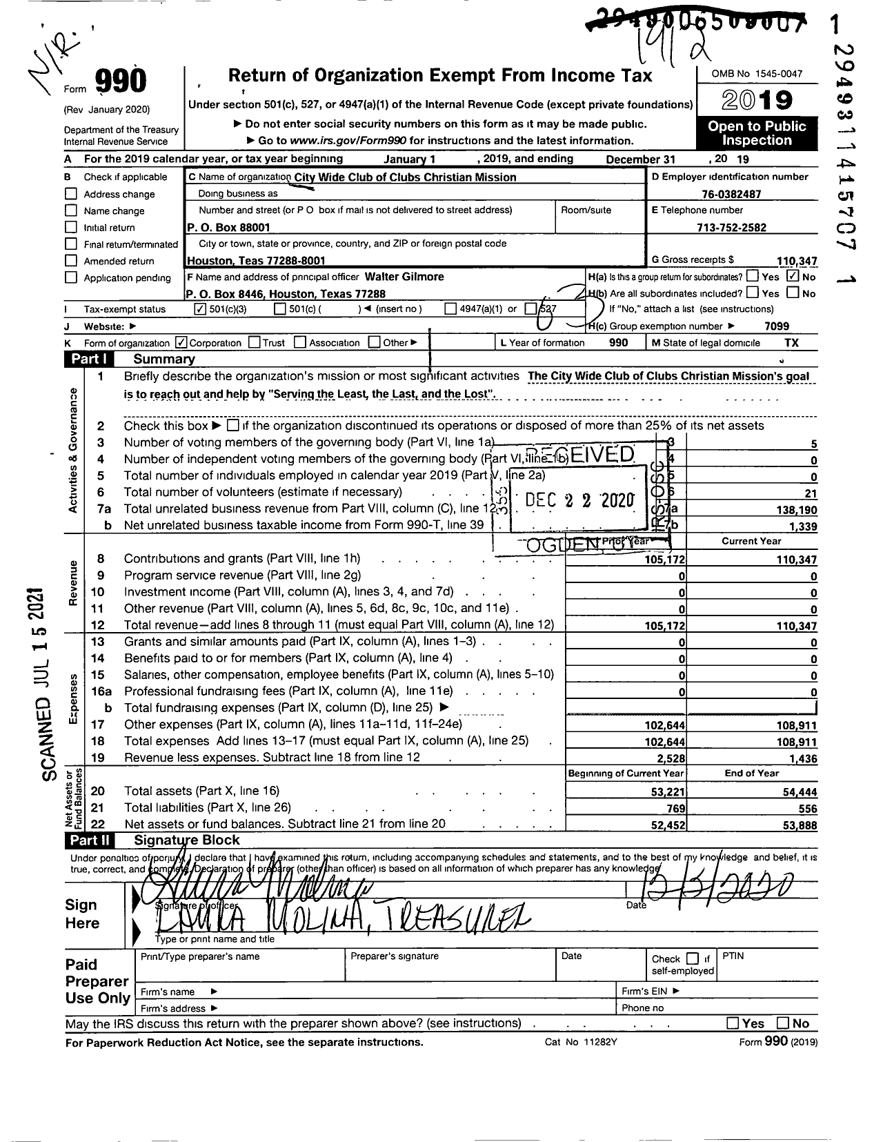 Image of first page of 2019 Form 990 for City Wide Club of Clubs Christian Mission