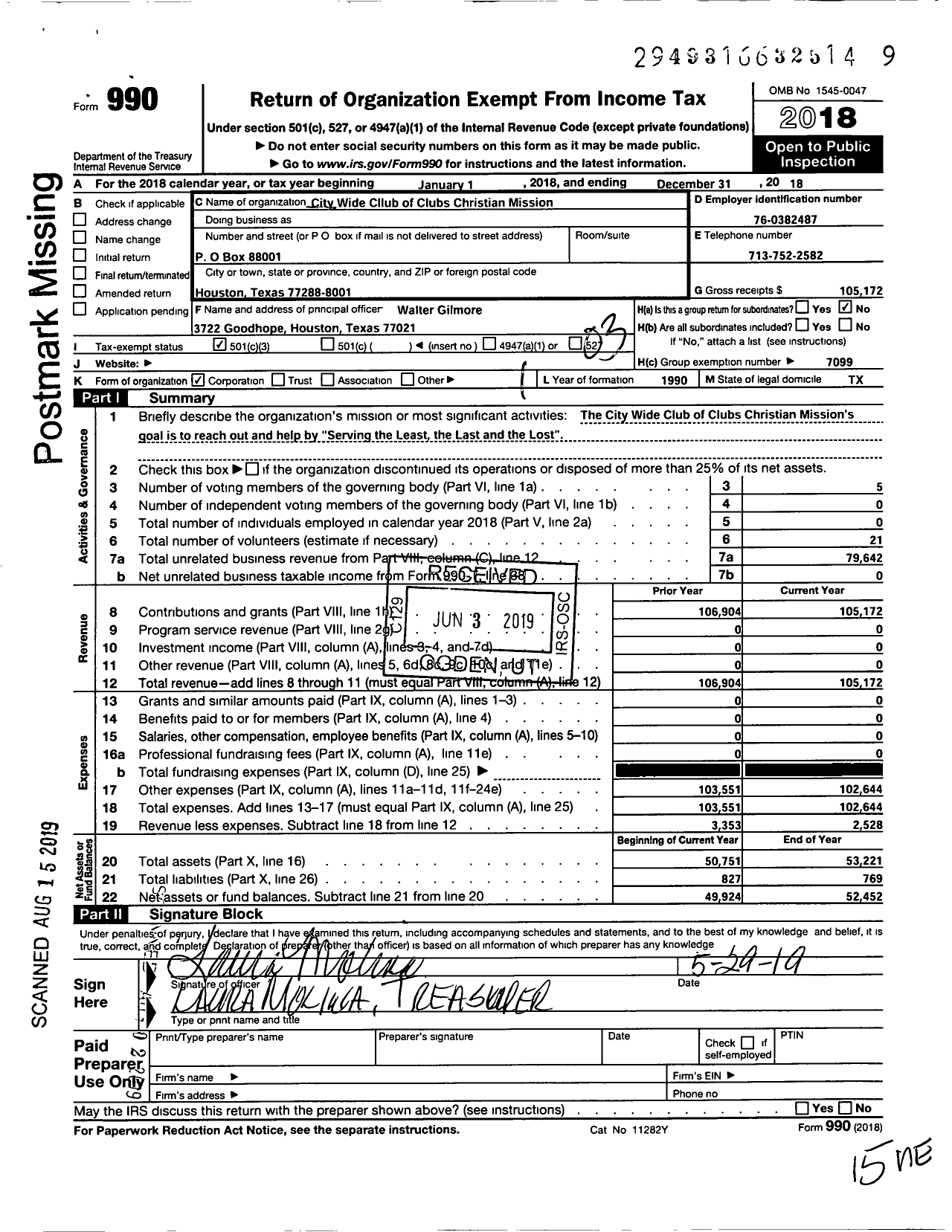 Image of first page of 2018 Form 990 for City Wide Club of Clubs Christian Mission