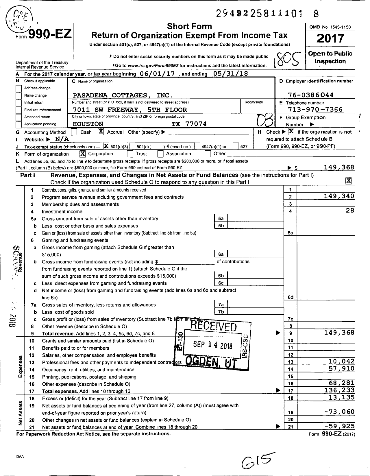 Image of first page of 2017 Form 990EZ for Pasadena Cottages