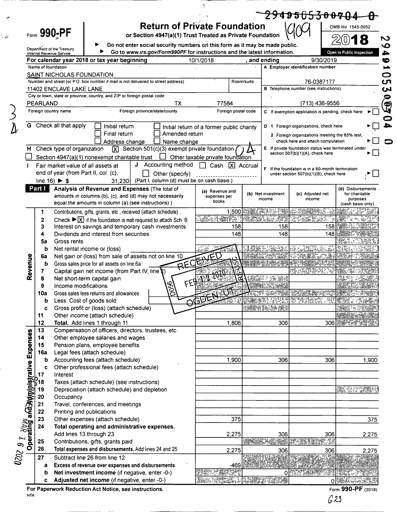 Image of first page of 2018 Form 990PR for Saint Nicholas Foundation