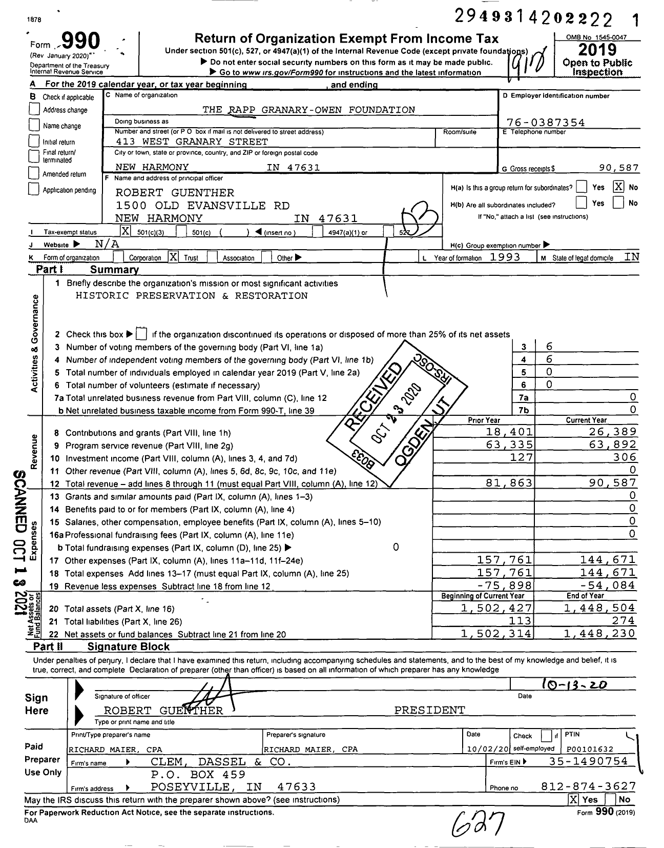 Image of first page of 2019 Form 990 for The Rapp Granary-Owen Foundation