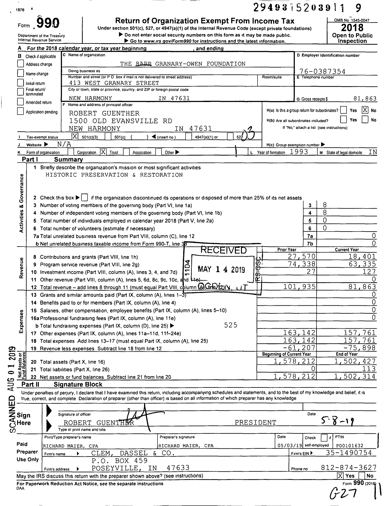 Image of first page of 2018 Form 990 for The Rapp Granary-Owen Foundation