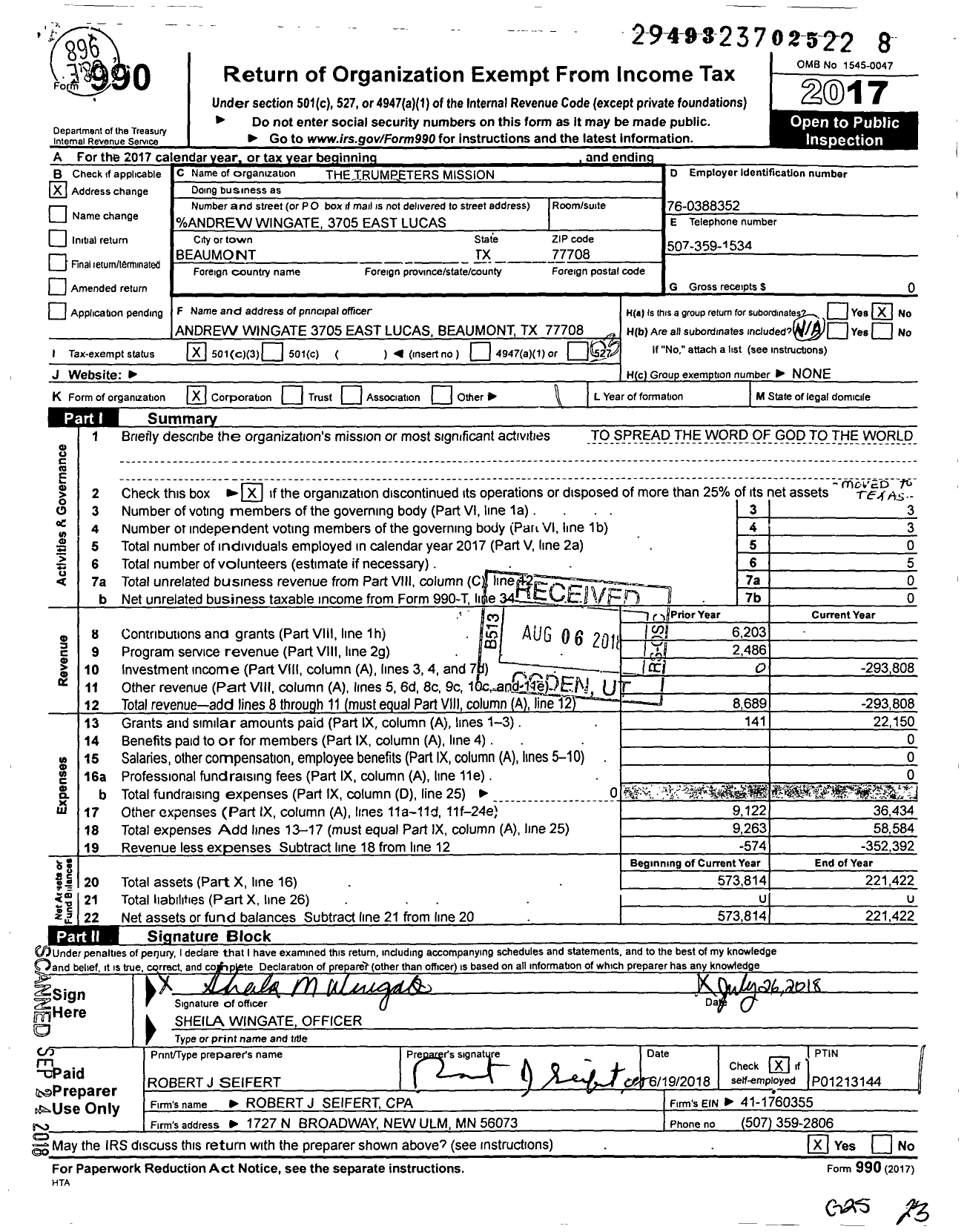 Image of first page of 2017 Form 990 for The Trumpeters Mission