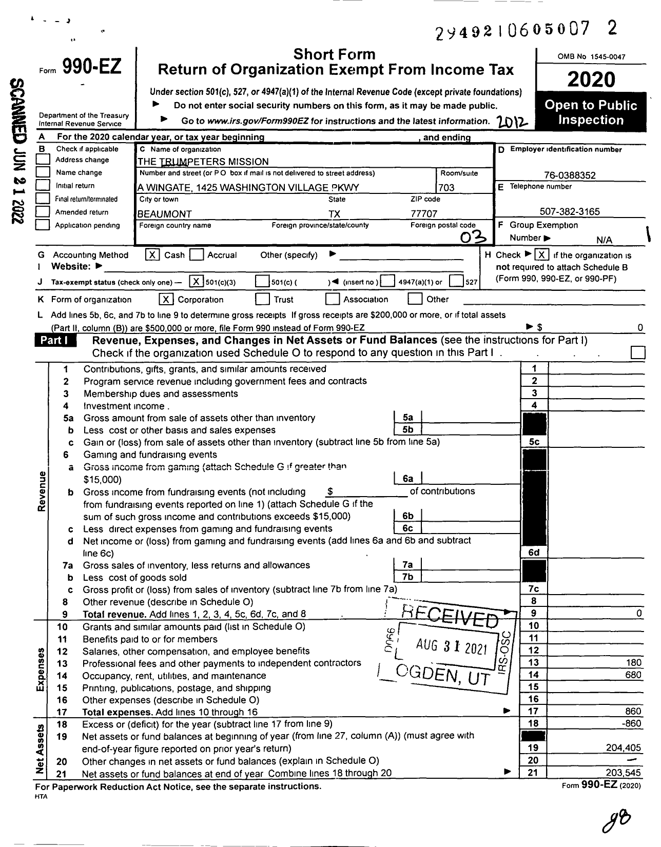 Image of first page of 2020 Form 990EZ for The Trumpeters Mission