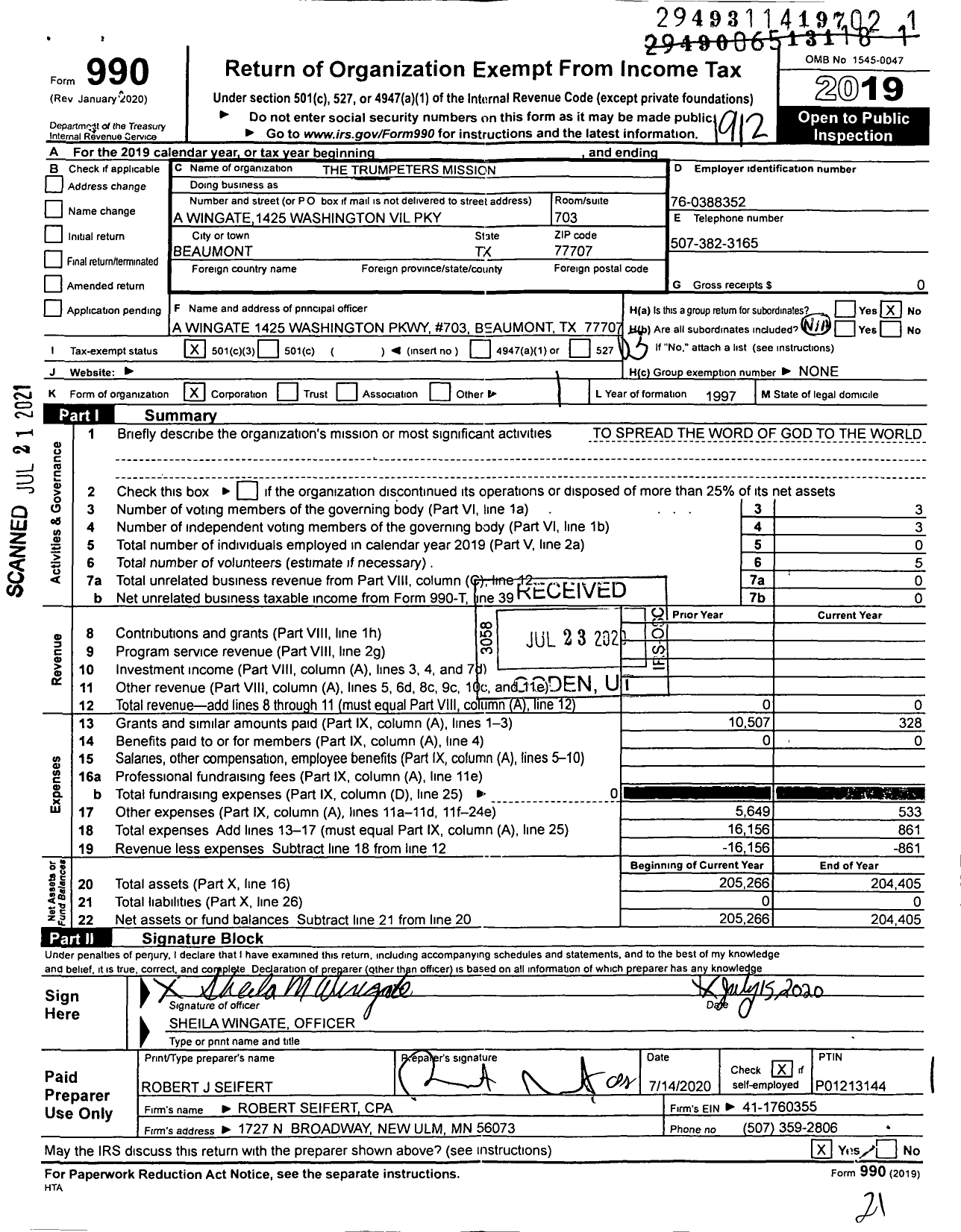 Image of first page of 2019 Form 990 for The Trumpeters Mission