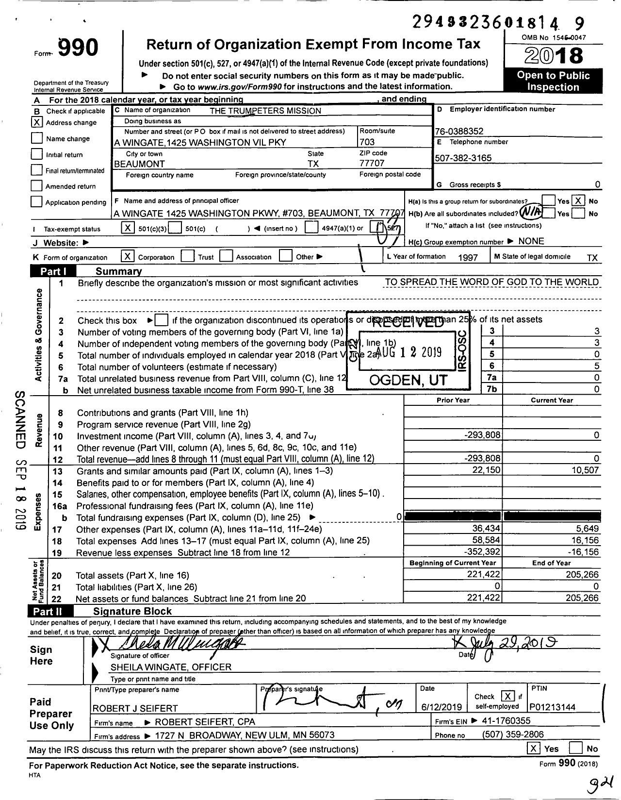 Image of first page of 2018 Form 990 for The Trumpeters Mission