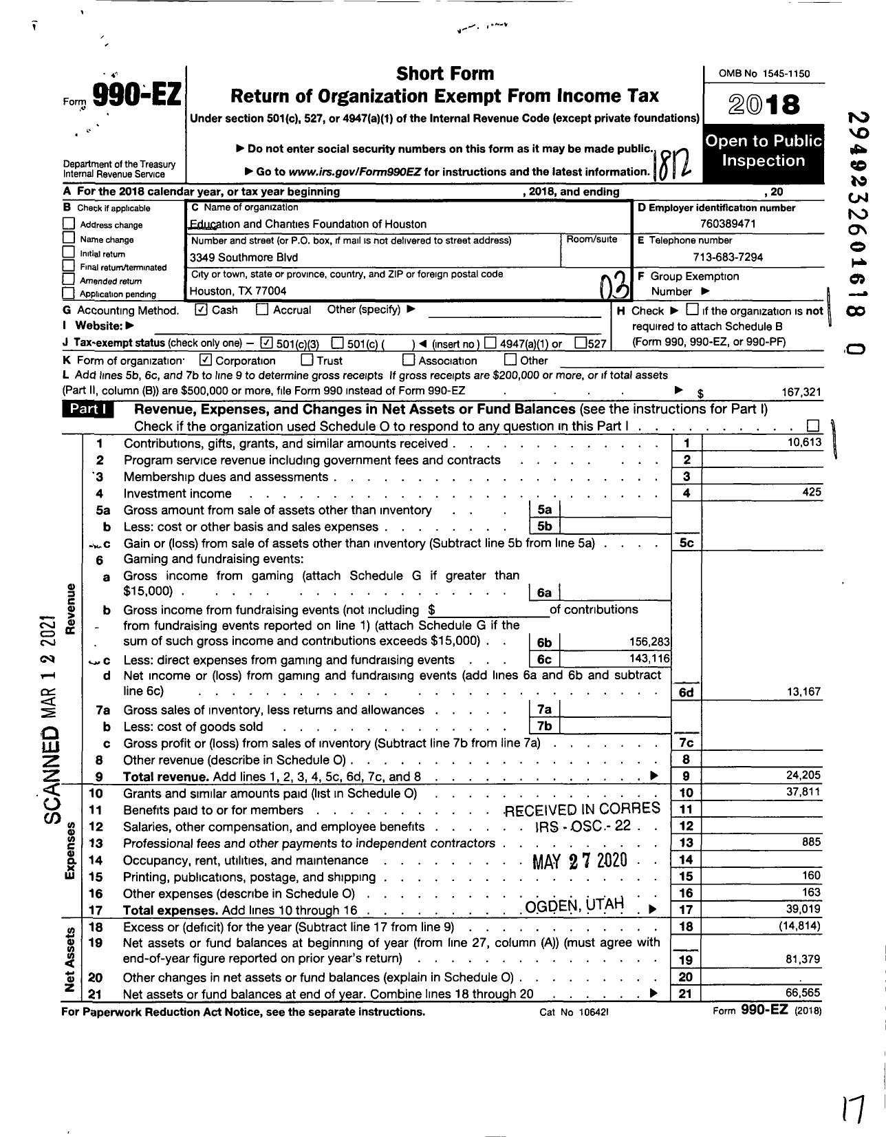 Image of first page of 2018 Form 990EZ for Education and Charities Foundation of Houston