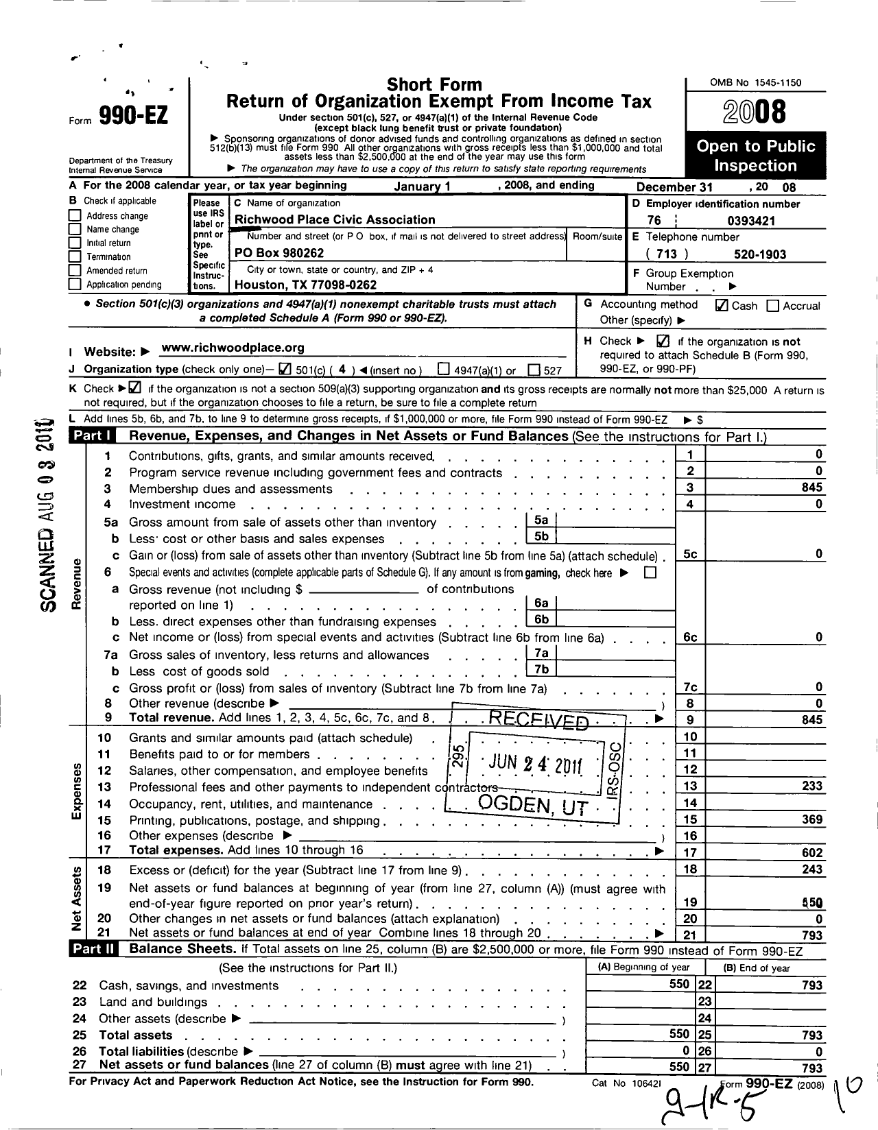 Image of first page of 2008 Form 990EO for Richwood Place Civic Association