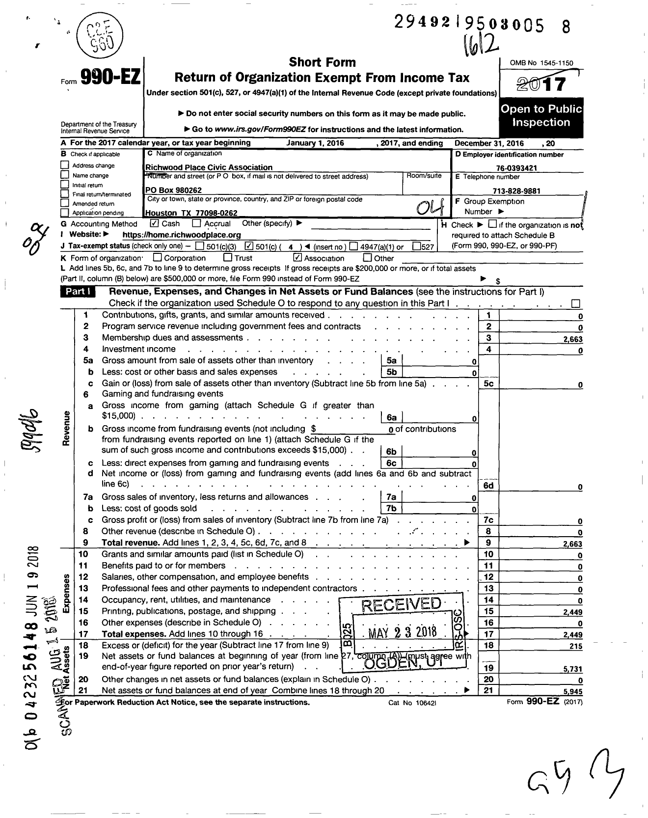 Image of first page of 2017 Form 990EO for Richwood Place Civic Association