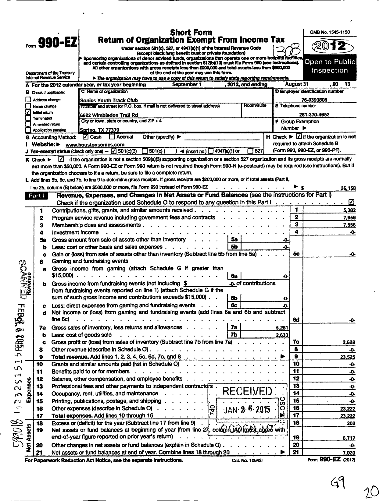 Image of first page of 2012 Form 990EZ for Sonics Youth Track Club