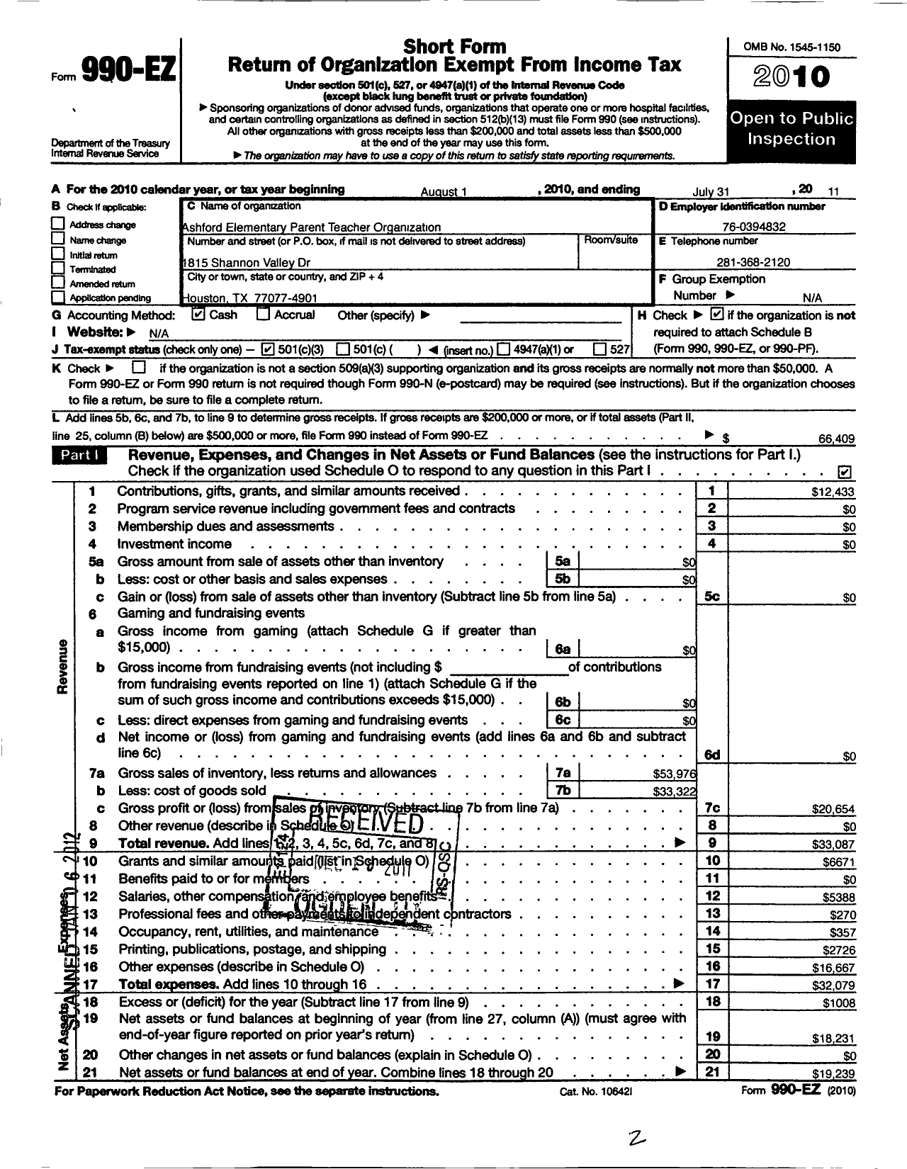 Image of first page of 2010 Form 990EZ for Ashford Elementary Parent Teacher Organization