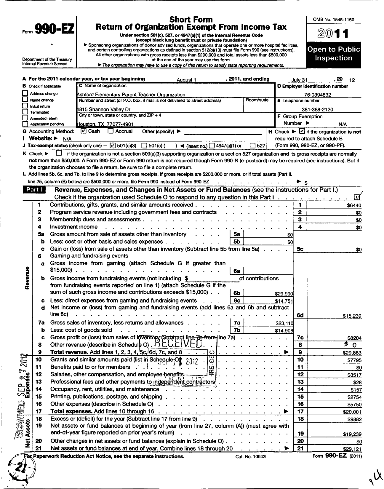 Image of first page of 2011 Form 990EZ for Ashford Elementary Parent Teacher Organization