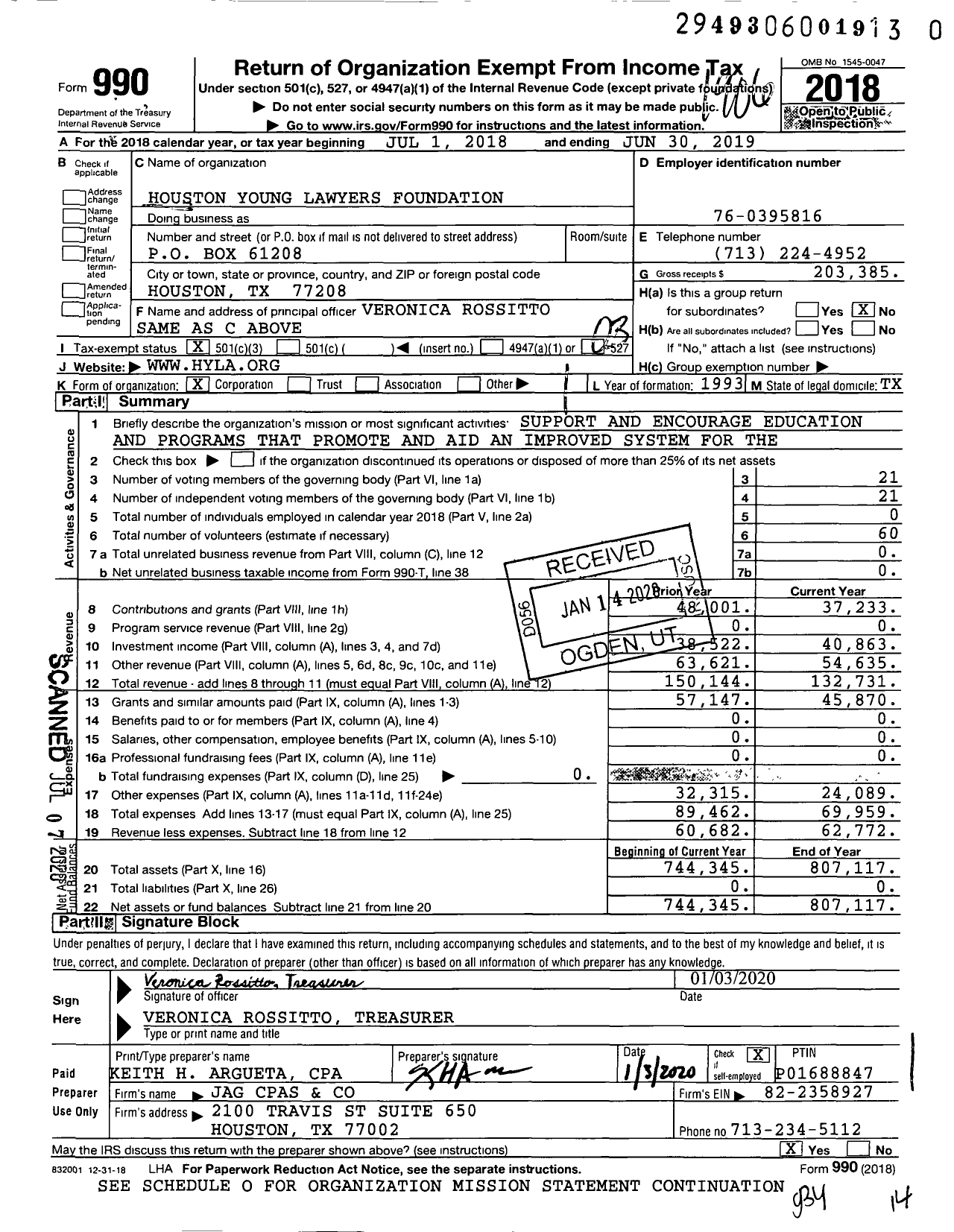 Image of first page of 2018 Form 990 for Houston Young Lawyers Foundation