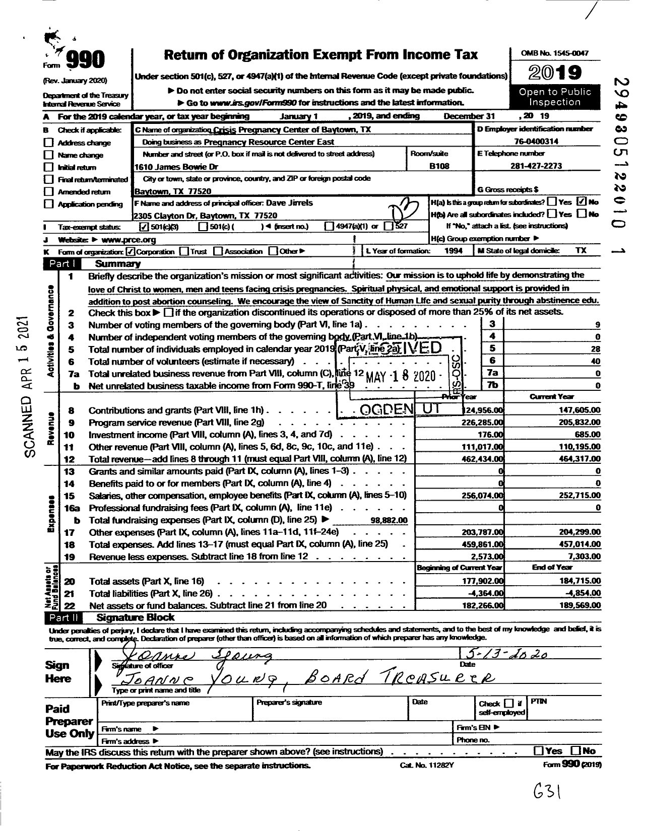 Image of first page of 2019 Form 990 for Pregnancy Resource Center East