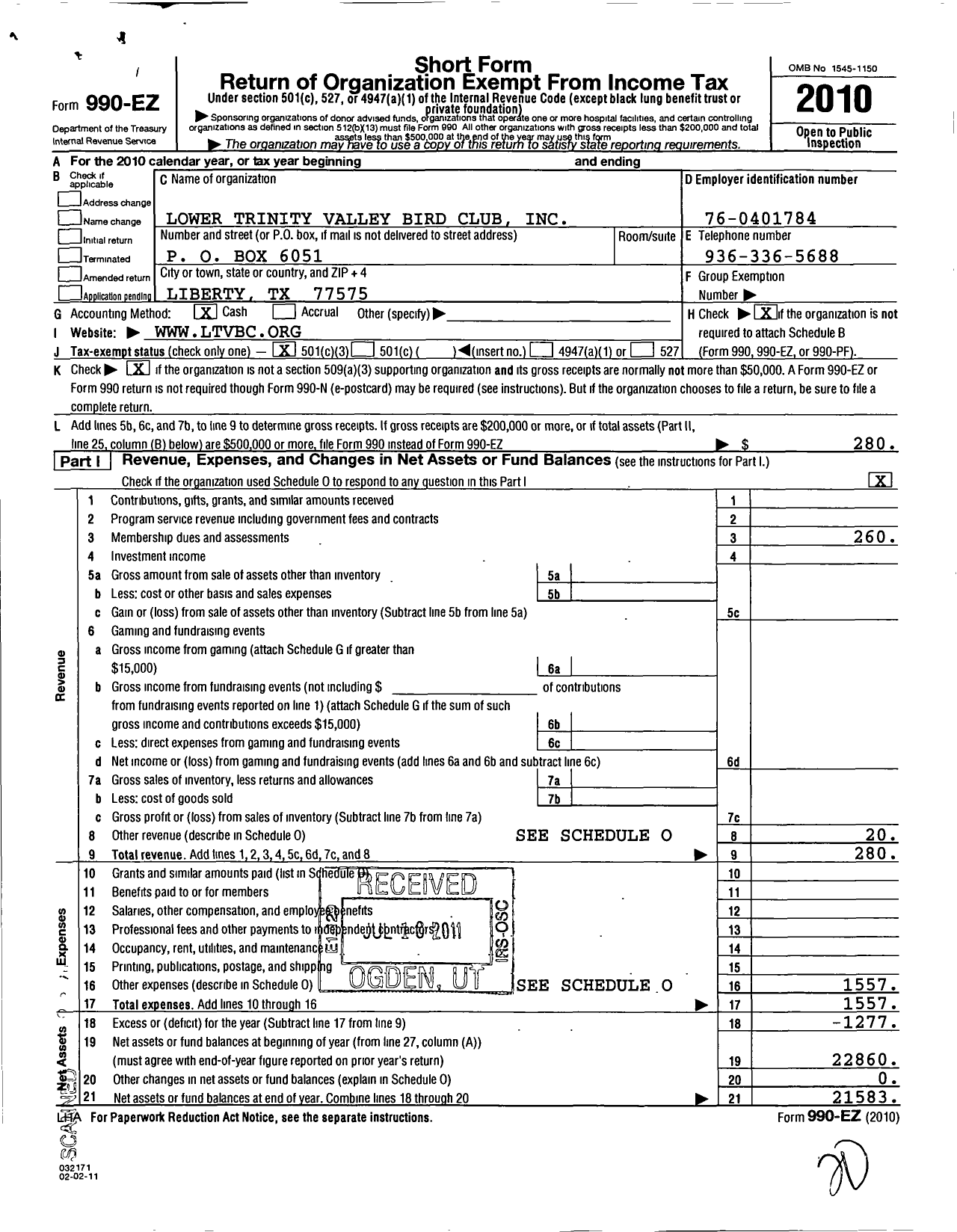 Image of first page of 2010 Form 990EZ for Lower Trinity Valley Bird Club