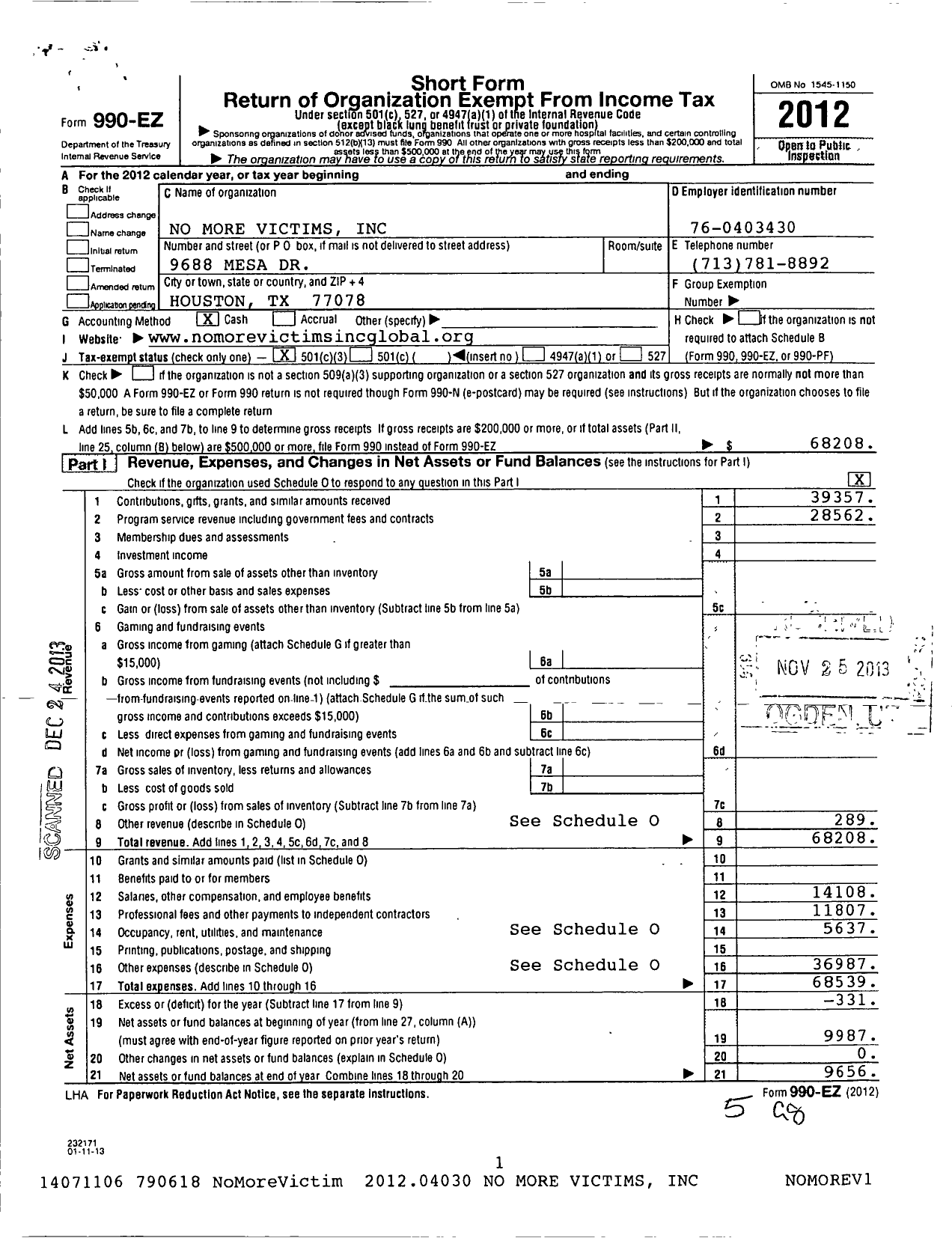 Image of first page of 2012 Form 990EZ for No More Victims / Miller Clyde Exe