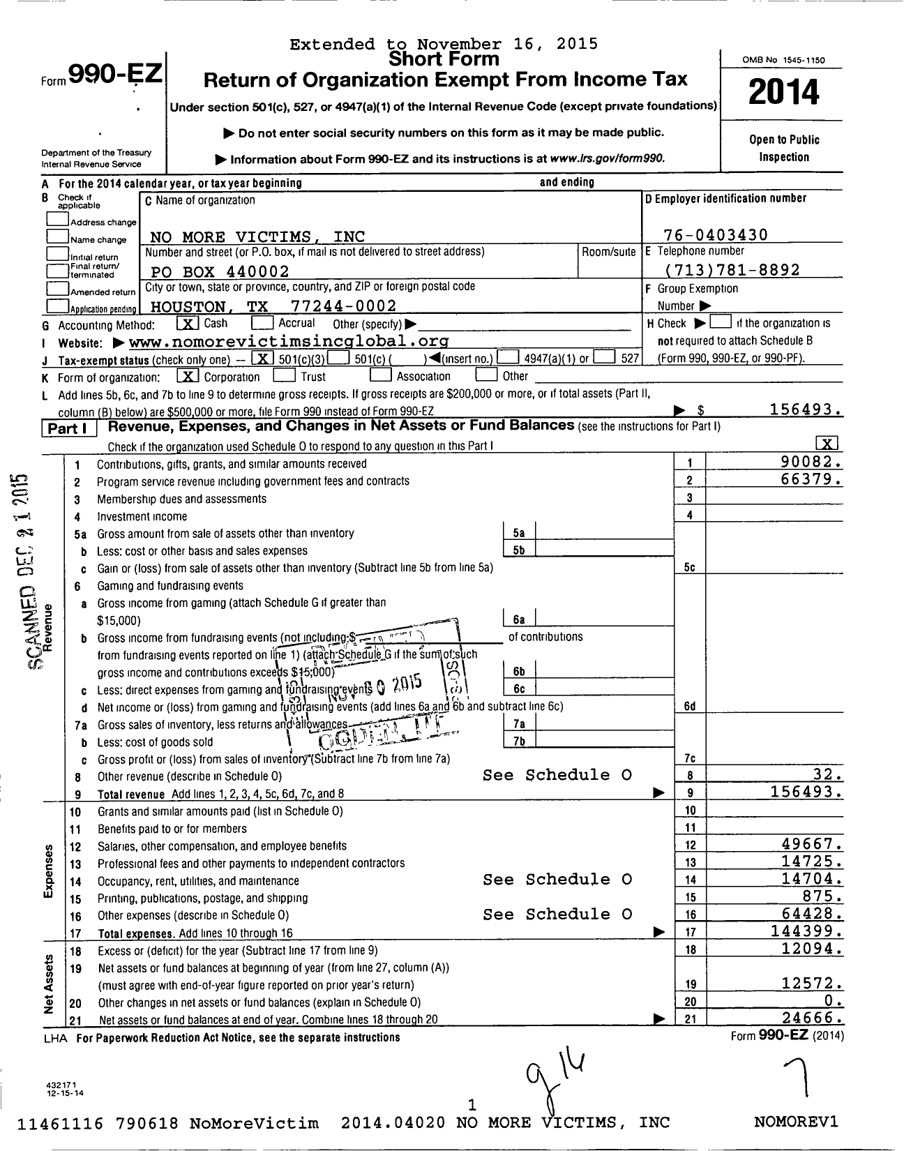 Image of first page of 2014 Form 990EZ for No More Victims / Miller Clyde Exe