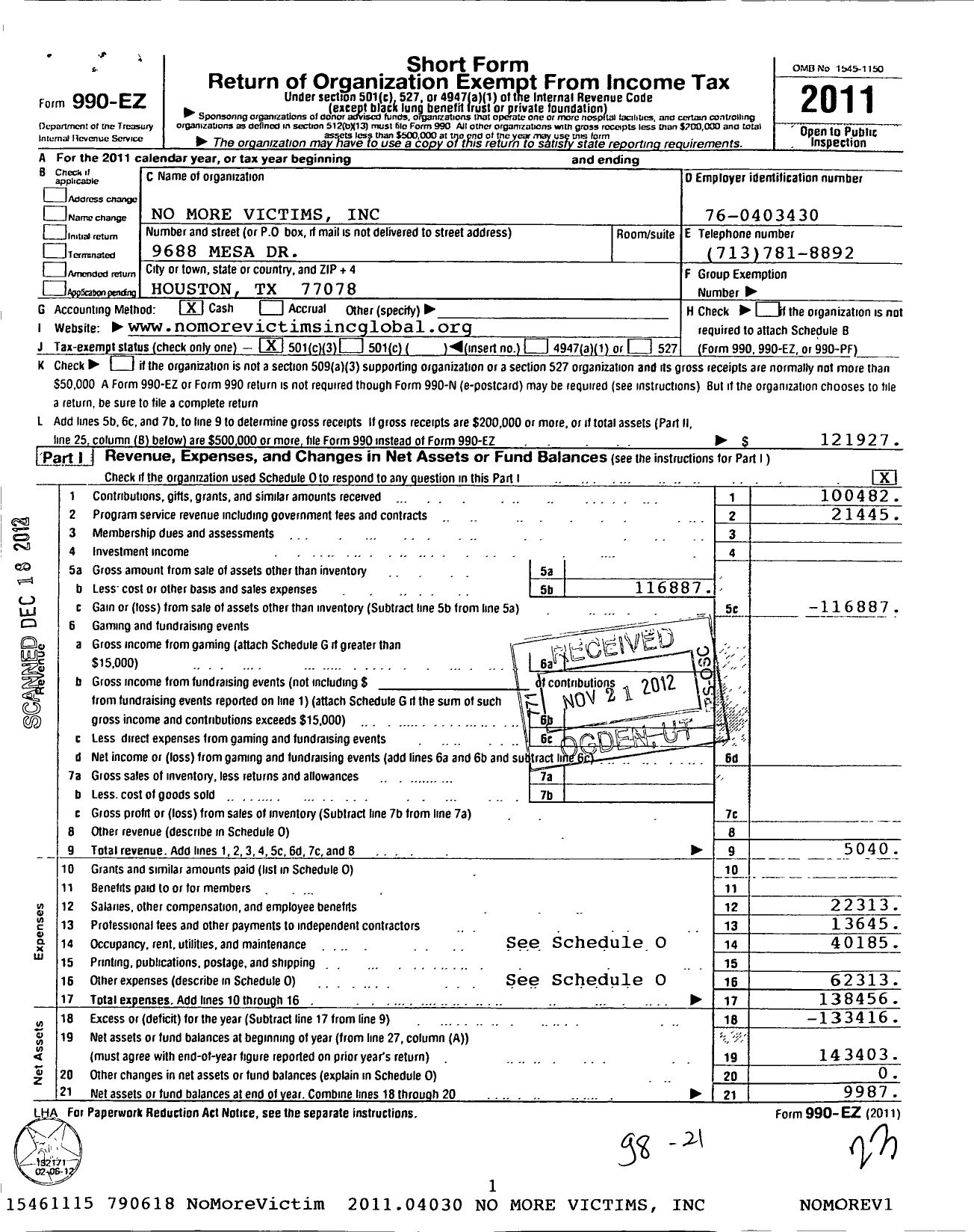 Image of first page of 2011 Form 990EZ for No More Victims / Miller Clyde Exe