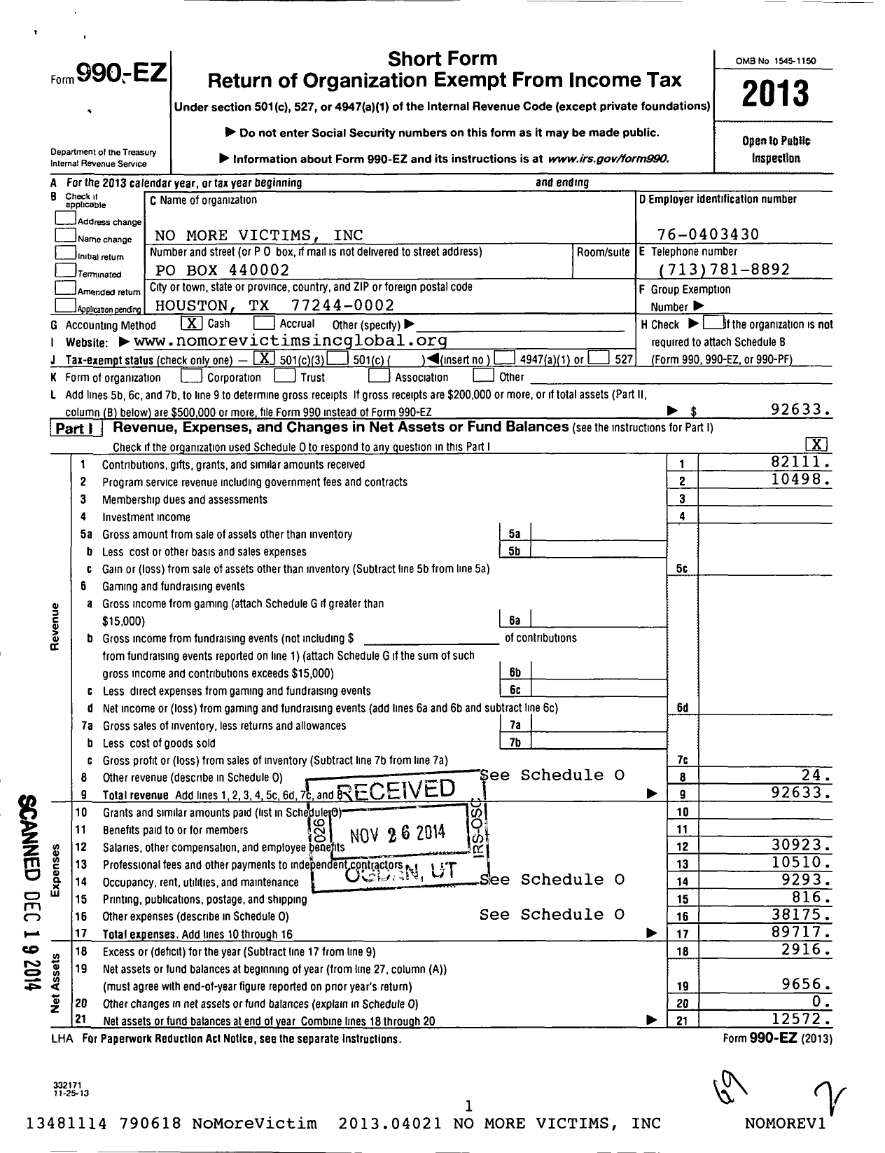 Image of first page of 2013 Form 990EZ for No More Victims / Miller Clyde Exe