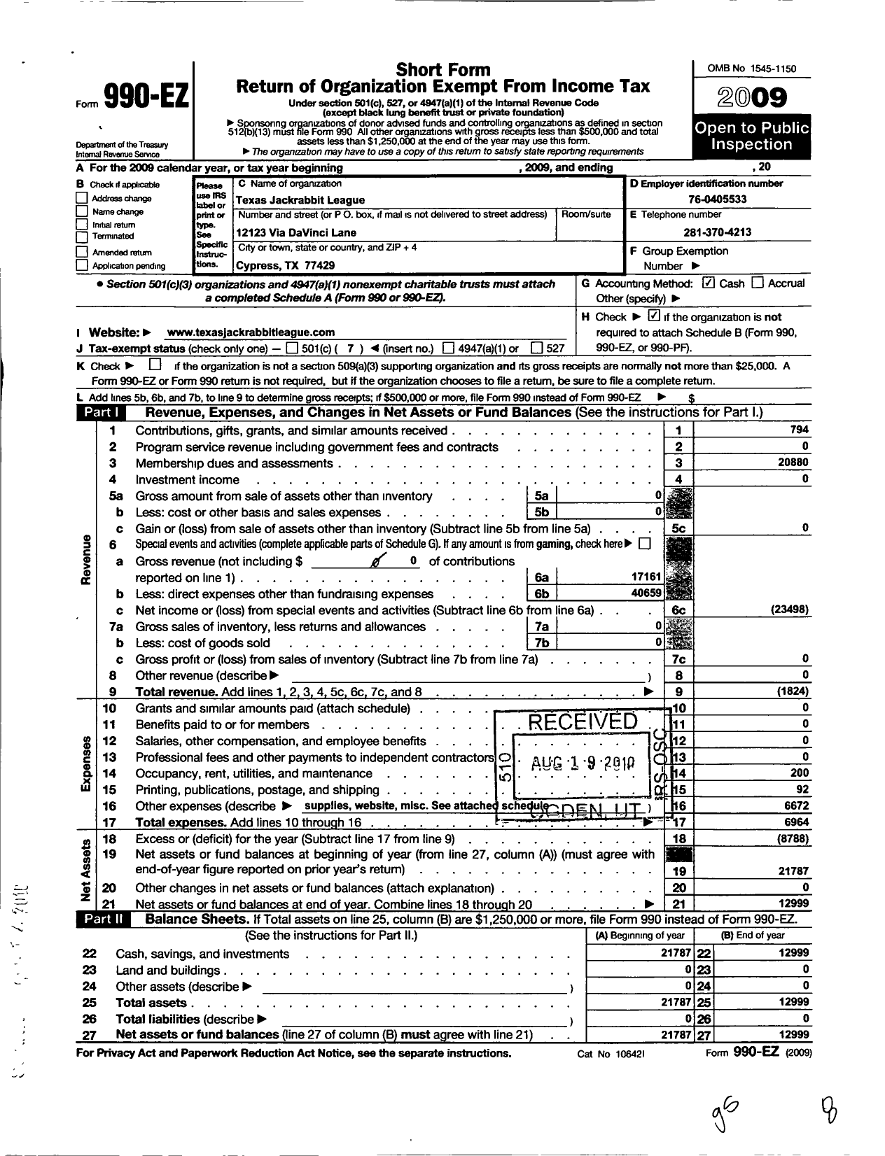 Image of first page of 2009 Form 990EO for Texas Jackrabbit League